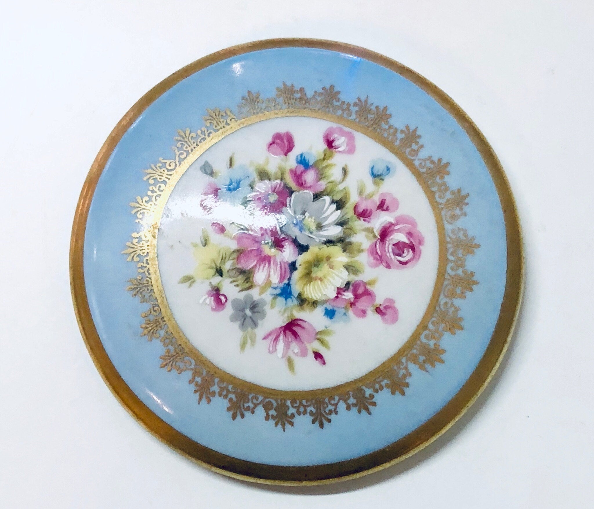 Vintage Limoges Lidded Dish with Tripod Stand, Three Legged Trinket Dish, Candy Dish, Small Lidded Dish, Limoges China, Light Blue, Floral