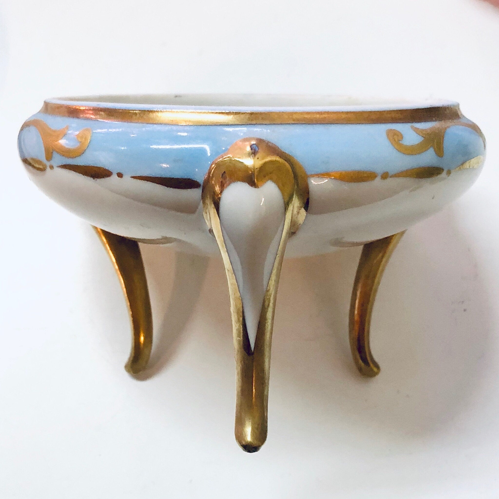 Vintage Limoges Lidded Dish with Tripod Stand, Three Legged Trinket Dish, Candy Dish, Small Lidded Dish, Limoges China, Light Blue, Floral