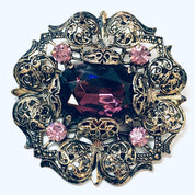 Vintage Brooch, Gold Toned Brooch, Purple Brooch, Costume Jewelry, Pink and Purple Jewelry