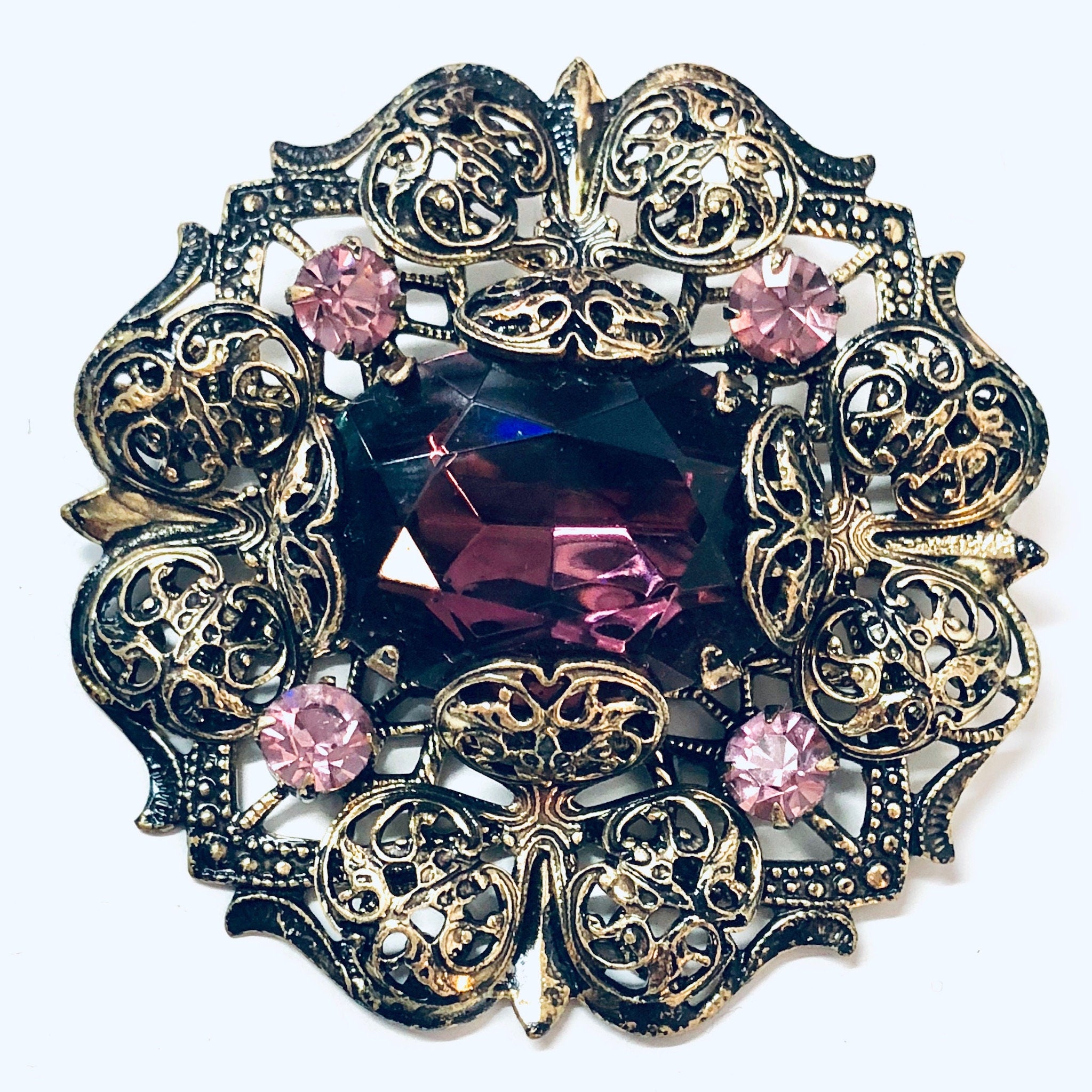 Vintage Brooch, Gold Toned Brooch, Purple Brooch, Costume Jewelry, Pink and Purple Jewelry