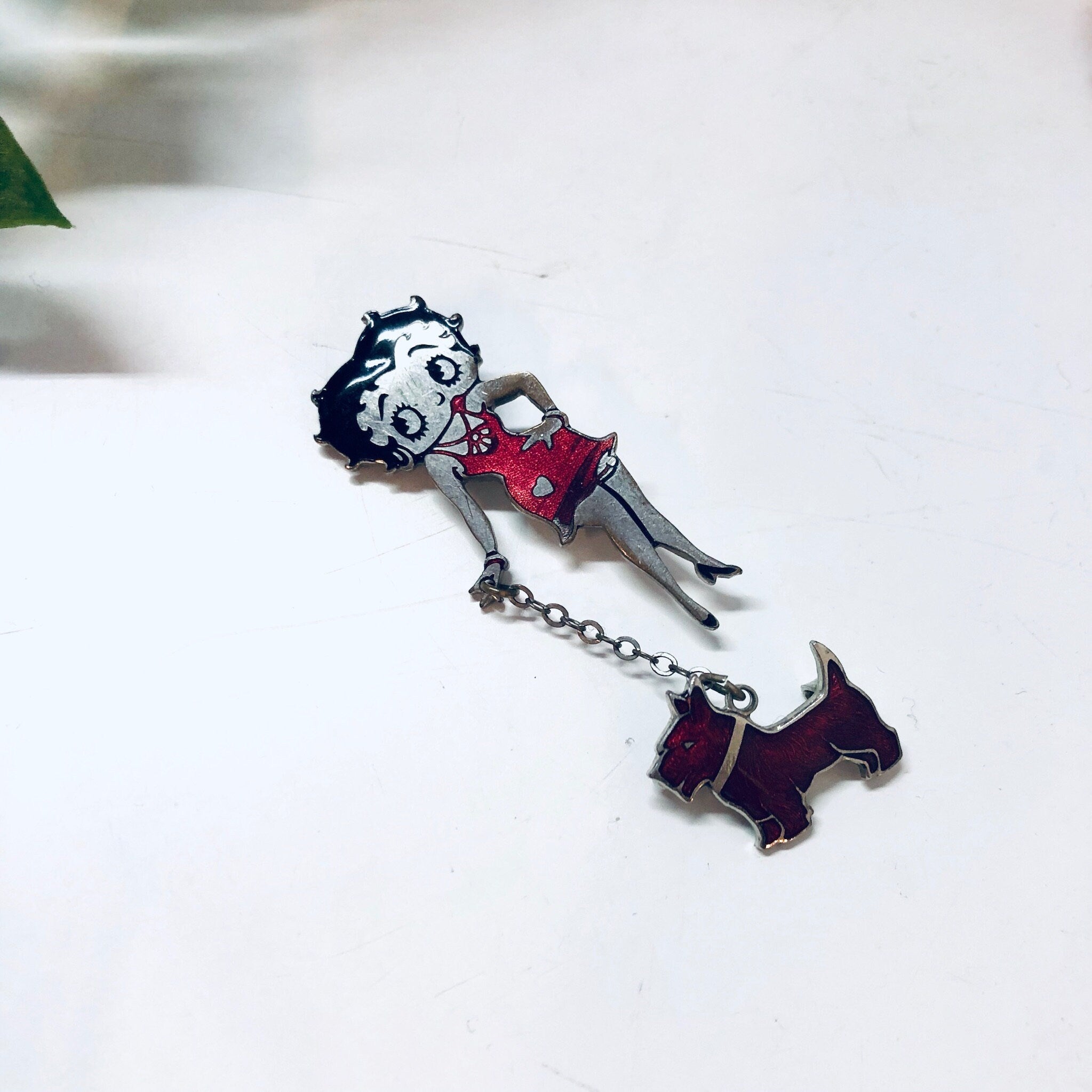 Betty Boop Pin, Vintage Pin, Betty Boop With Dog, Flapper Girl, Silver Tone Pin, Red, Silver, Black, Dog, Retro Jewelry, Vintage Jewelry