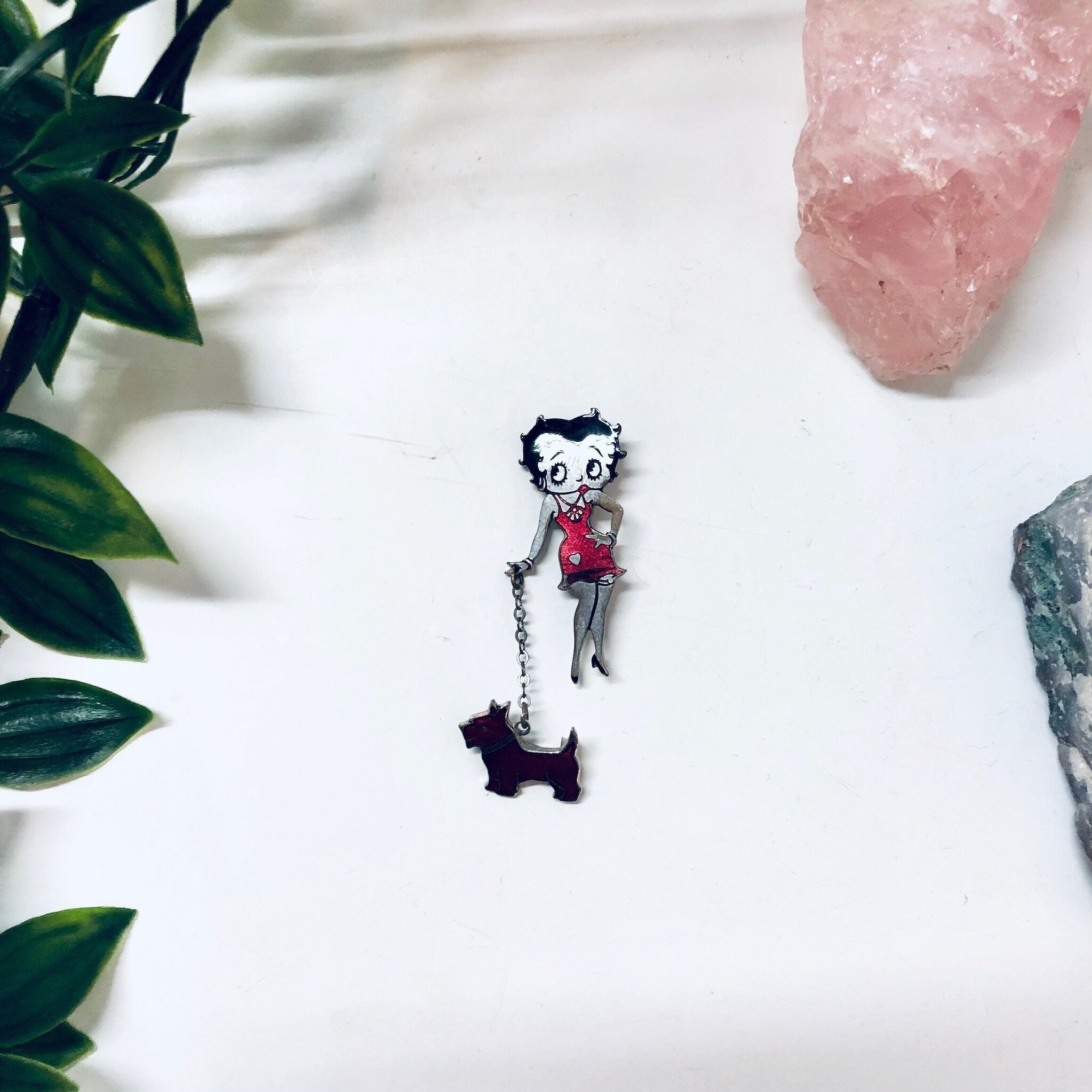 Betty Boop Pin, Vintage Pin, Betty Boop With Dog, Flapper Girl, Silver Tone Pin, Red, Silver, Black, Dog, Retro Jewelry, Vintage Jewelry