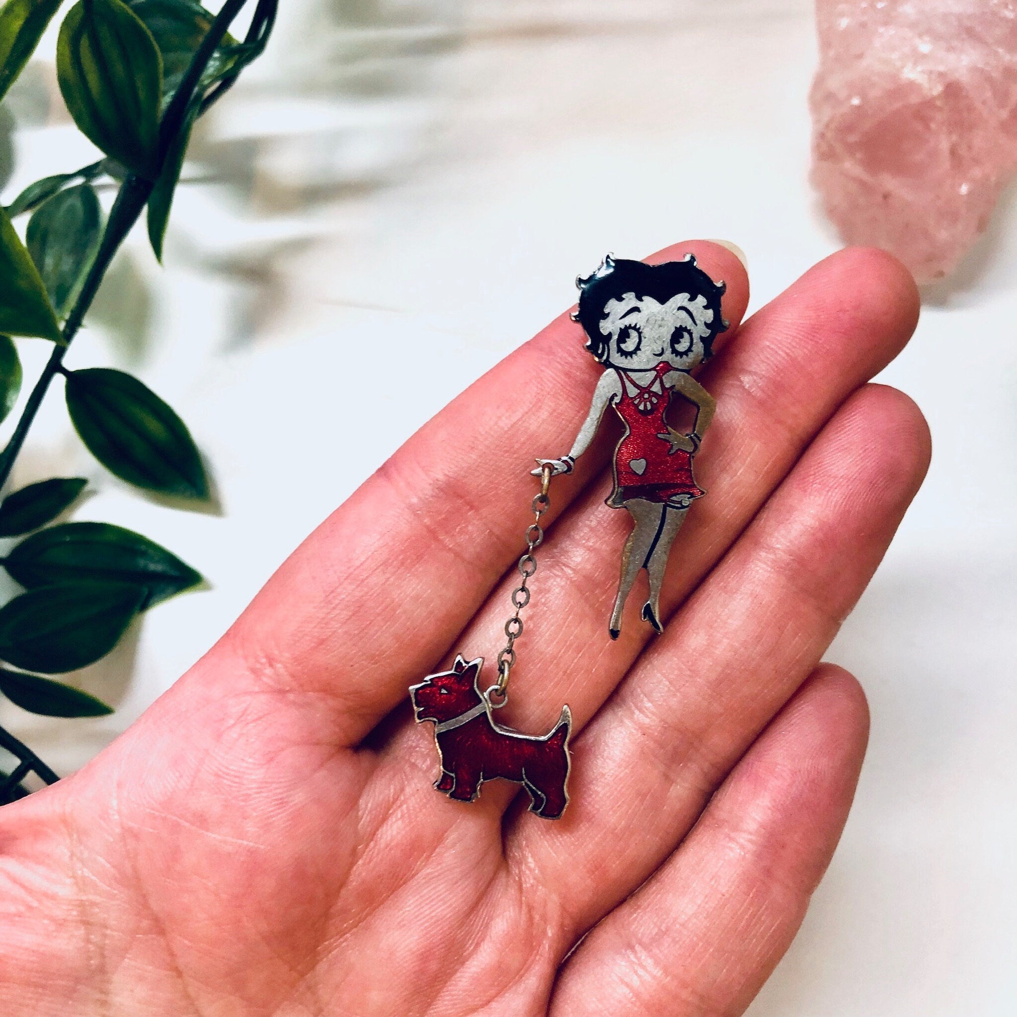 Betty Boop Pin, Vintage Pin, Betty Boop With Dog, Flapper Girl, Silver Tone Pin, Red, Silver, Black, Dog, Retro Jewelry, Vintage Jewelry