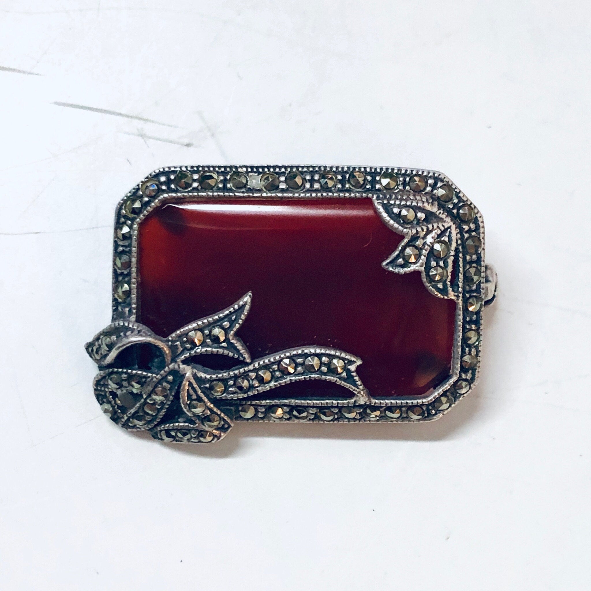 Vintage Silver Brooch, Marcasite Brooch, Red and Silver, Carnelian Brooch, Vintage Pin, Vintage Jewelry, Red Stone, Square Brooch, Ribbon