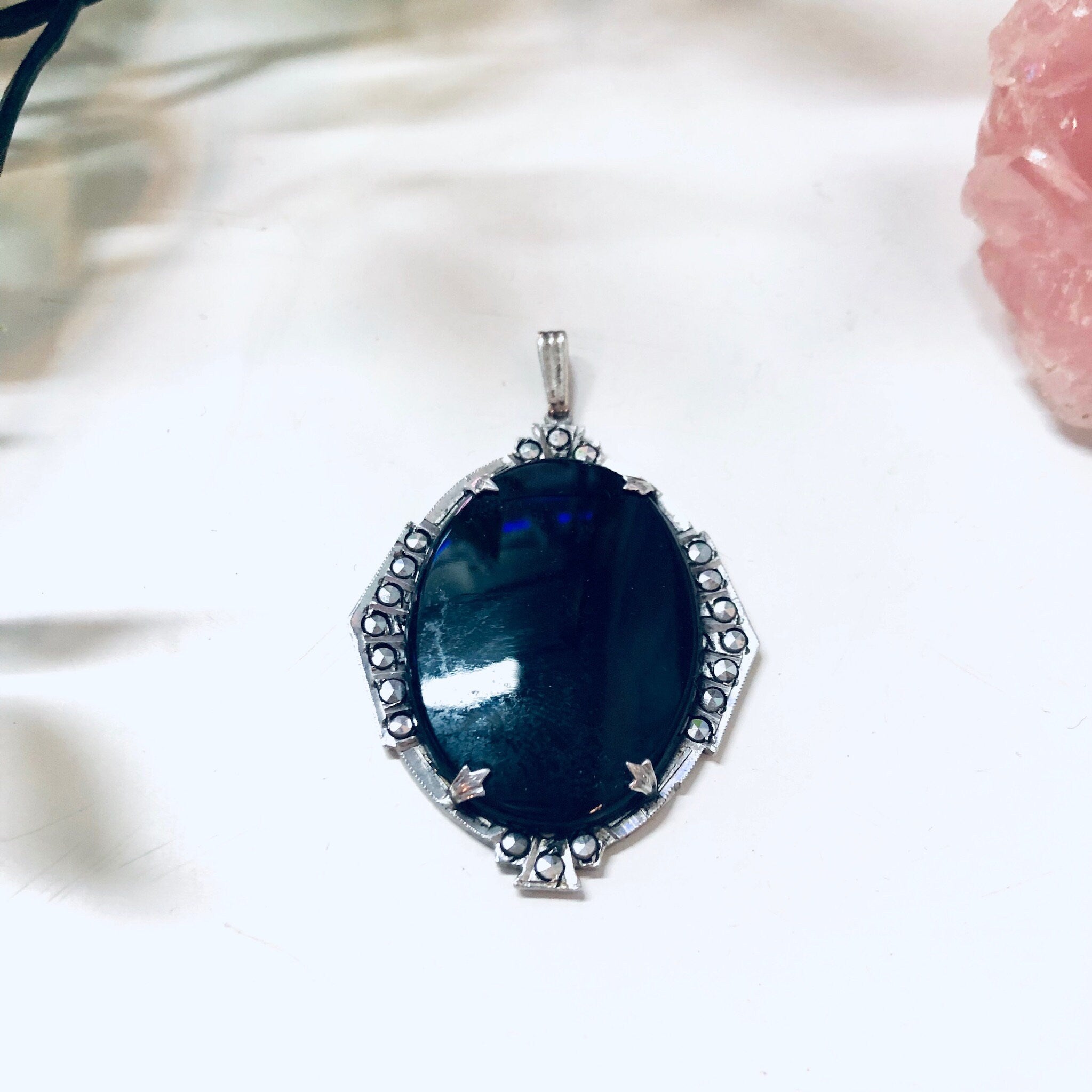 Vintage Silver Pendant, Marcasite Jewelry, Black Stone, Oval Shaped Stone, Silver and Black, Necklace Pendant, Holiday Gift Idea