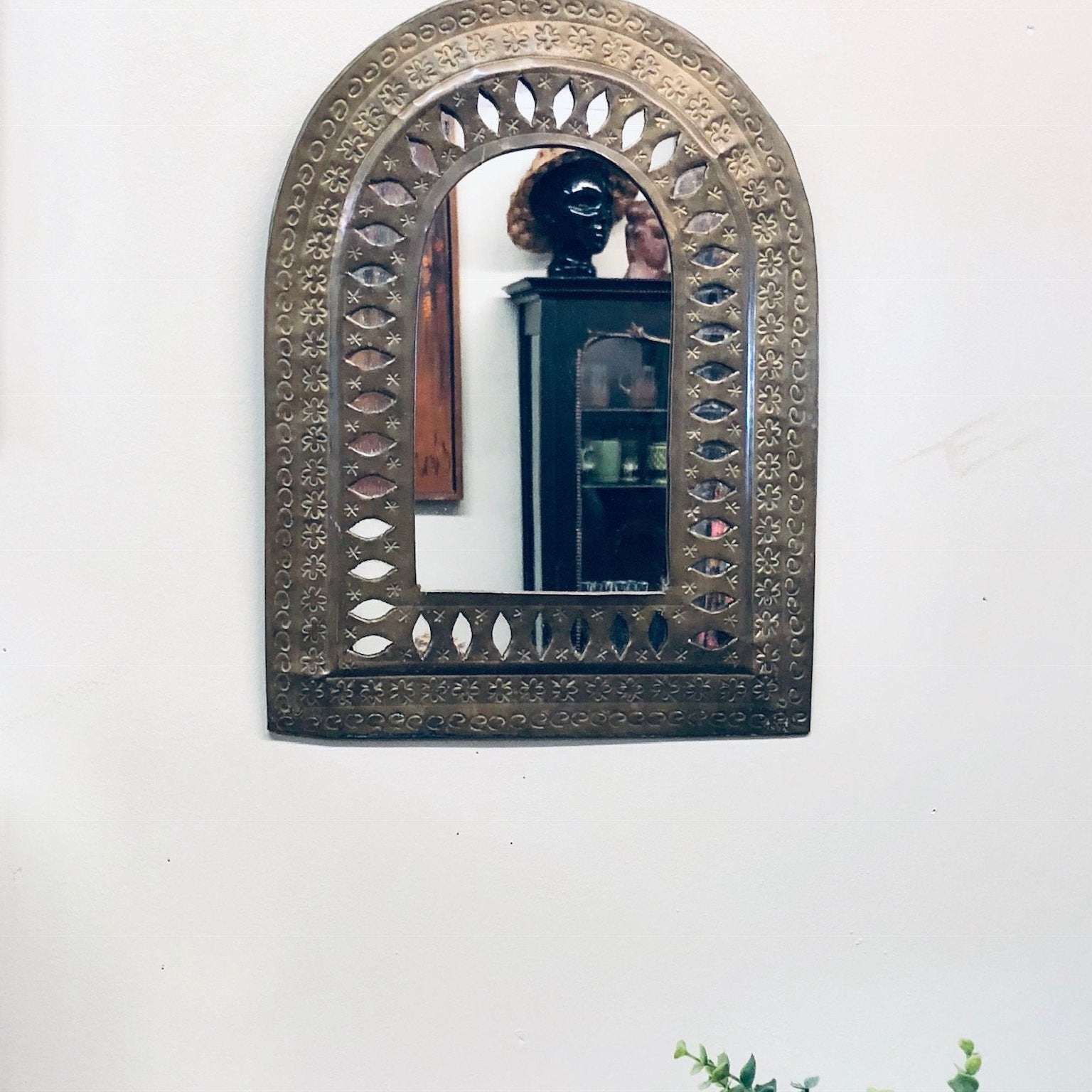 Vintage Brass Mirror, Vintage Home Decor, Brass Decor, Stamped Brass, Small Mirror, Entryway Mirror, Arch Mirror, Brutalist Decor, Brass