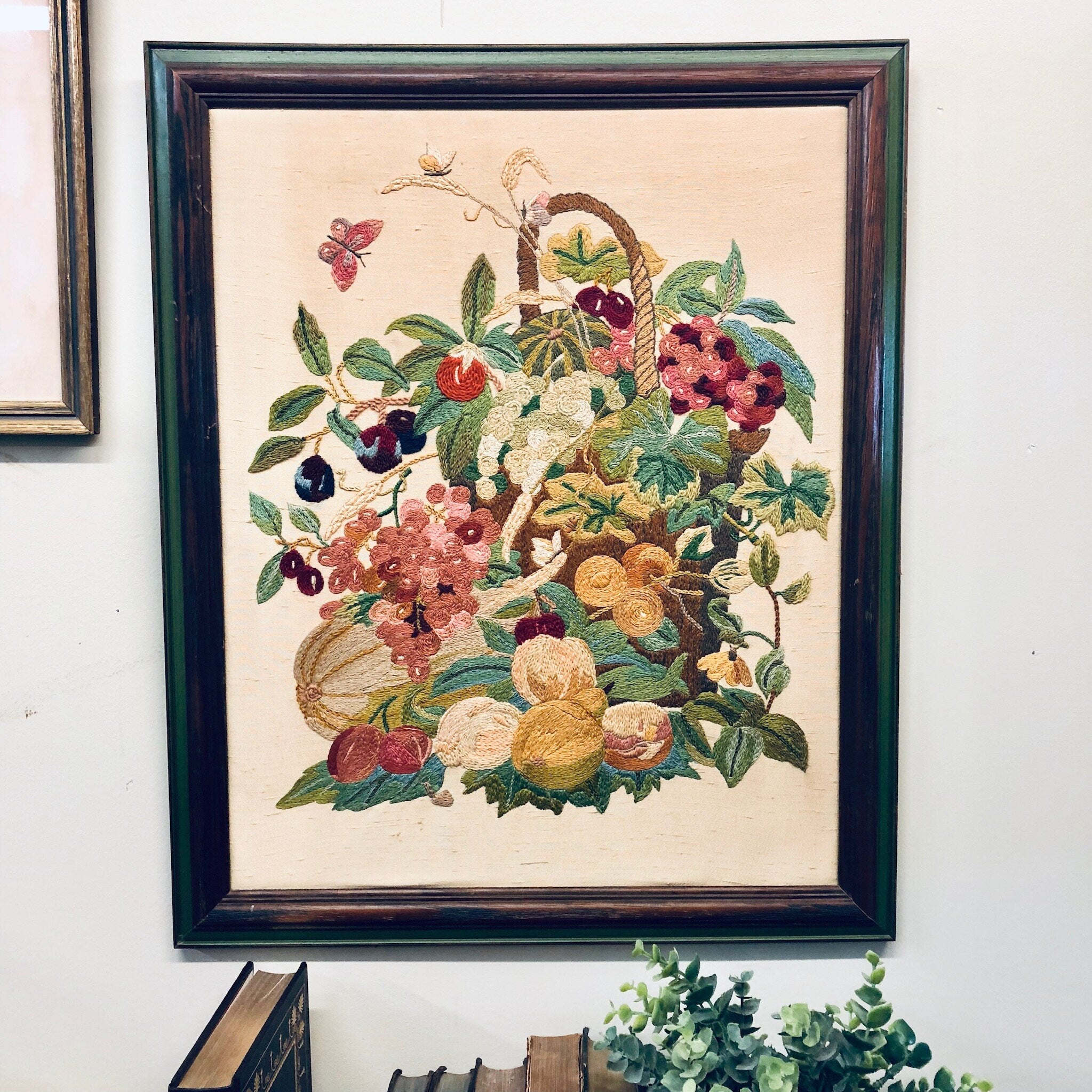 Vintage Needlepoint, Framed Artwork, Colorful Artwork, Wall Hanging, Wall Art, Floral, Fruit, Needlepoint, Stitched Art, Blue, Red, Pink