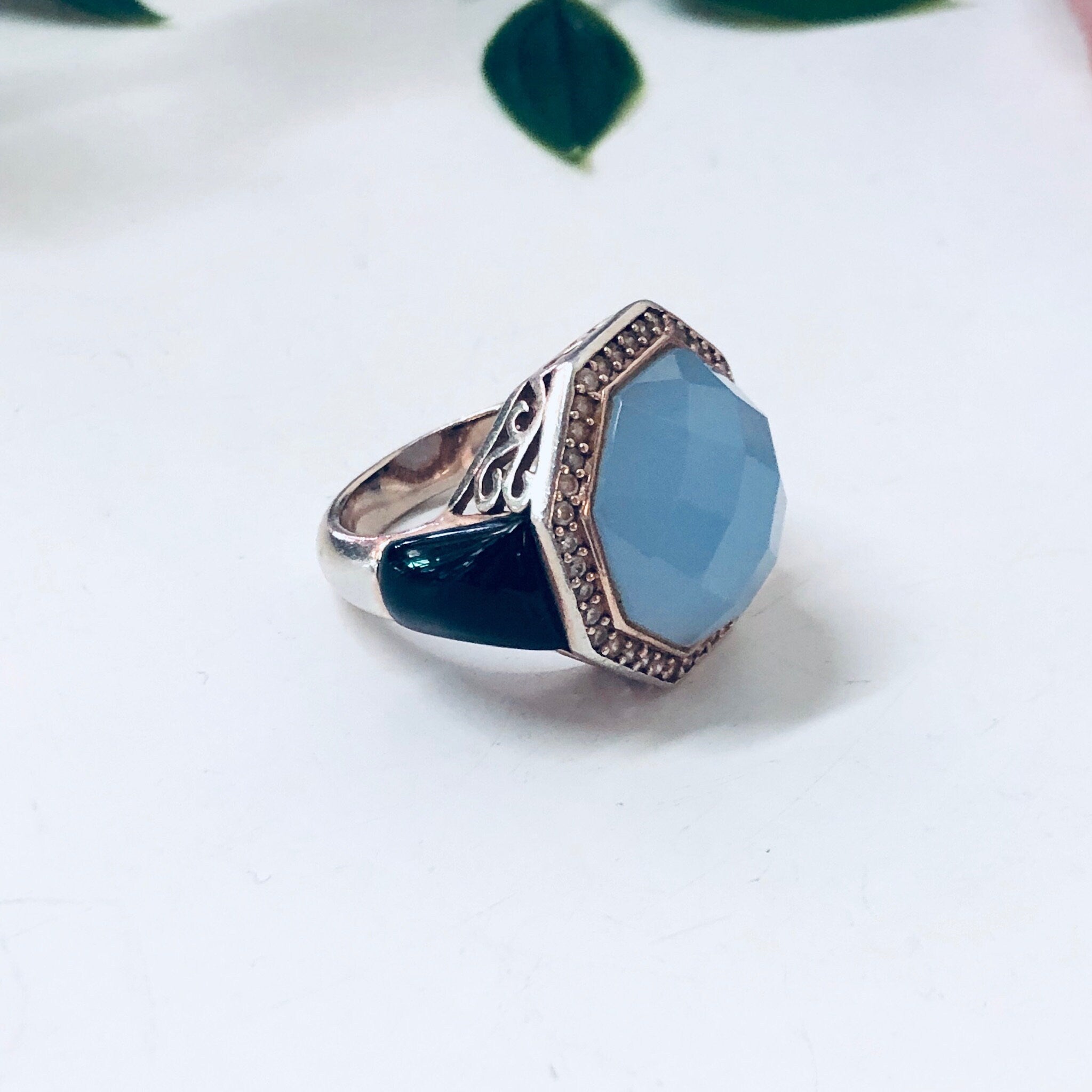Vintage Cocktail Ring, Purple and Black Ring, Vintage Jewelry, Sterling Silver Ring, Light Purple Stone, Light Blue, Filagree Ring, Unique