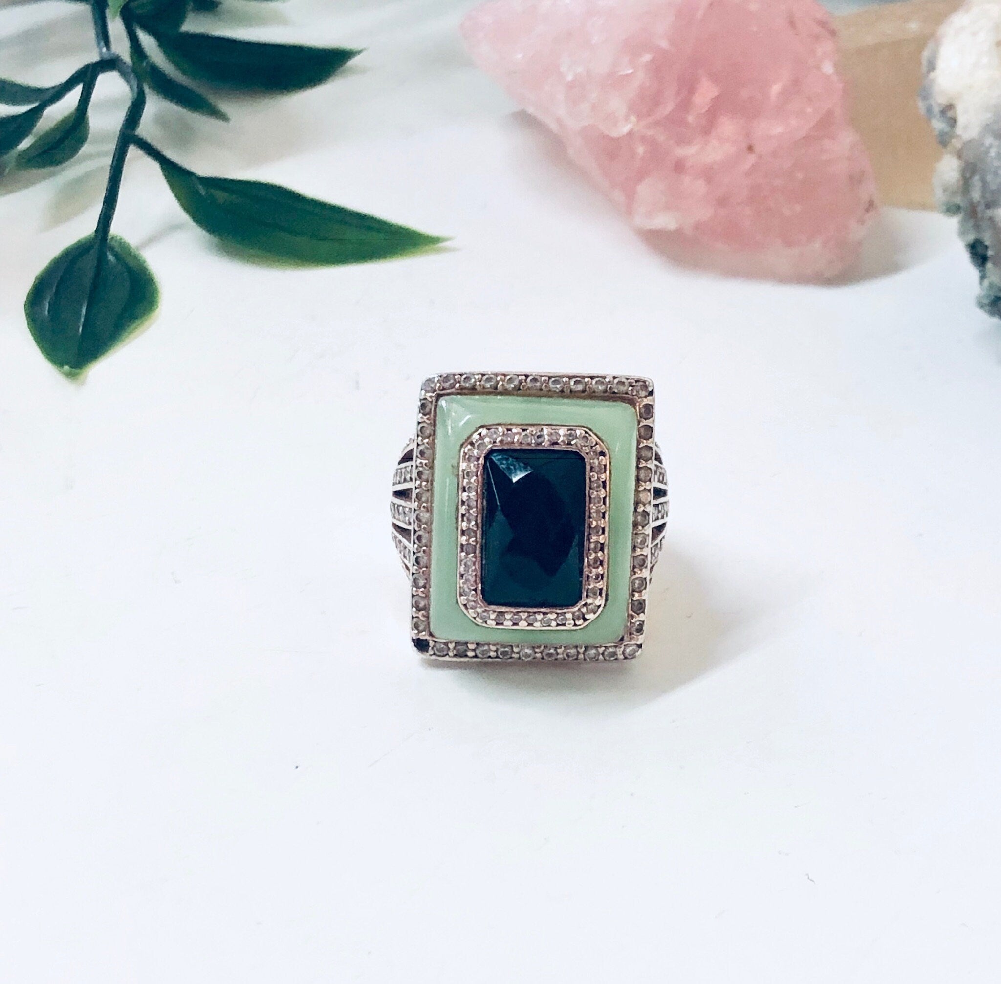Vintage Silver Ring, Cocktail Ring, Statement Jewelry, Vintage Jewelry, Green, Black, Faux Diamonds, Light Green, Large Ring, Rectangle Ring