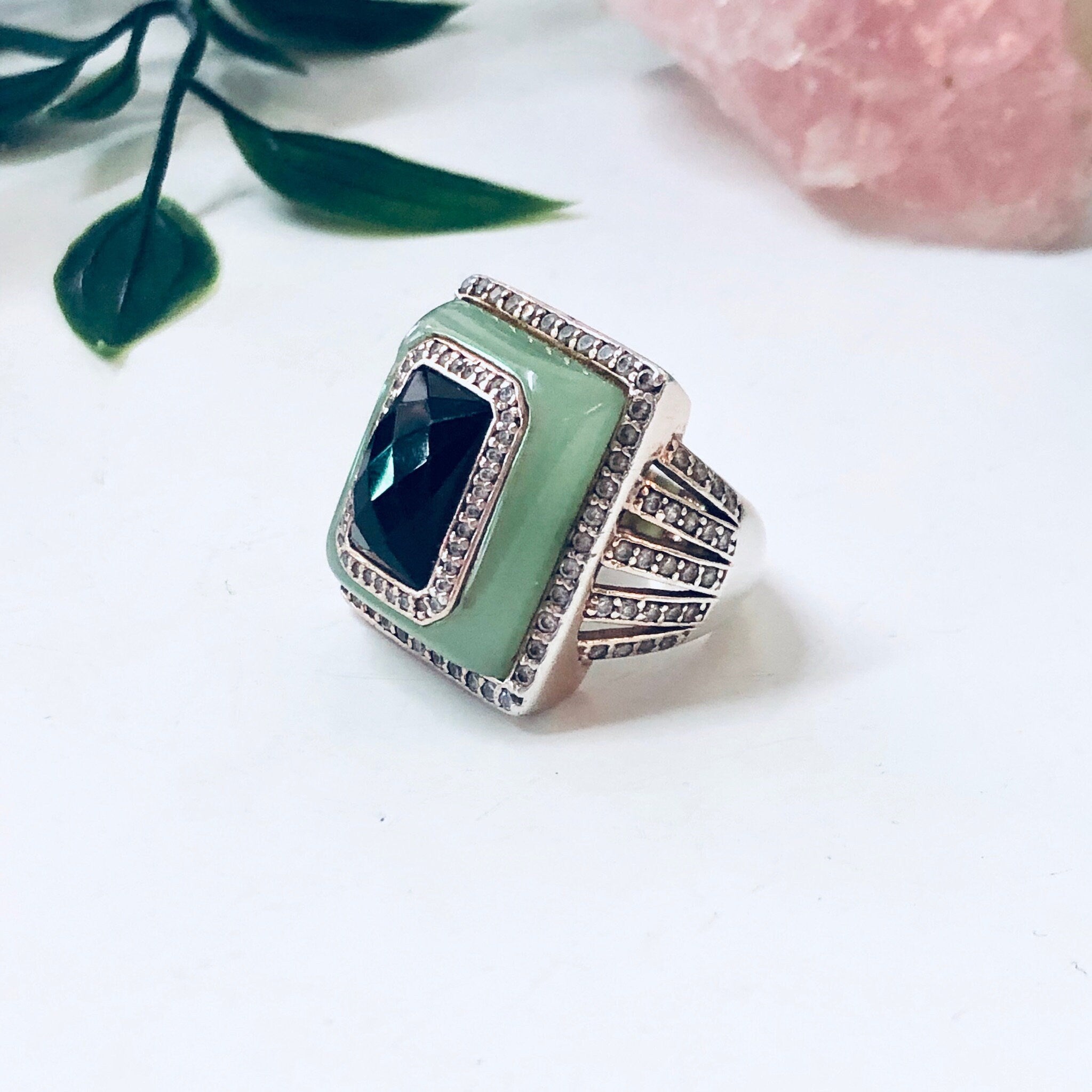 Vintage Silver Ring, Cocktail Ring, Statement Jewelry, Vintage Jewelry, Green, Black, Faux Diamonds, Light Green, Large Ring, Rectangle Ring