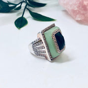 Vintage Silver Ring, Cocktail Ring, Statement Jewelry, Vintage Jewelry, Green, Black, Faux Diamonds, Light Green, Large Ring, Rectangle Ring
