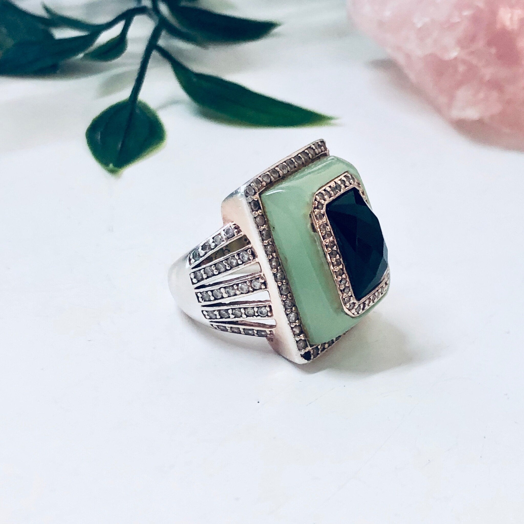 Vintage Silver Ring, Cocktail Ring, Statement Jewelry, Vintage Jewelry, Green, Black, Faux Diamonds, Light Green, Large Ring, Rectangle Ring