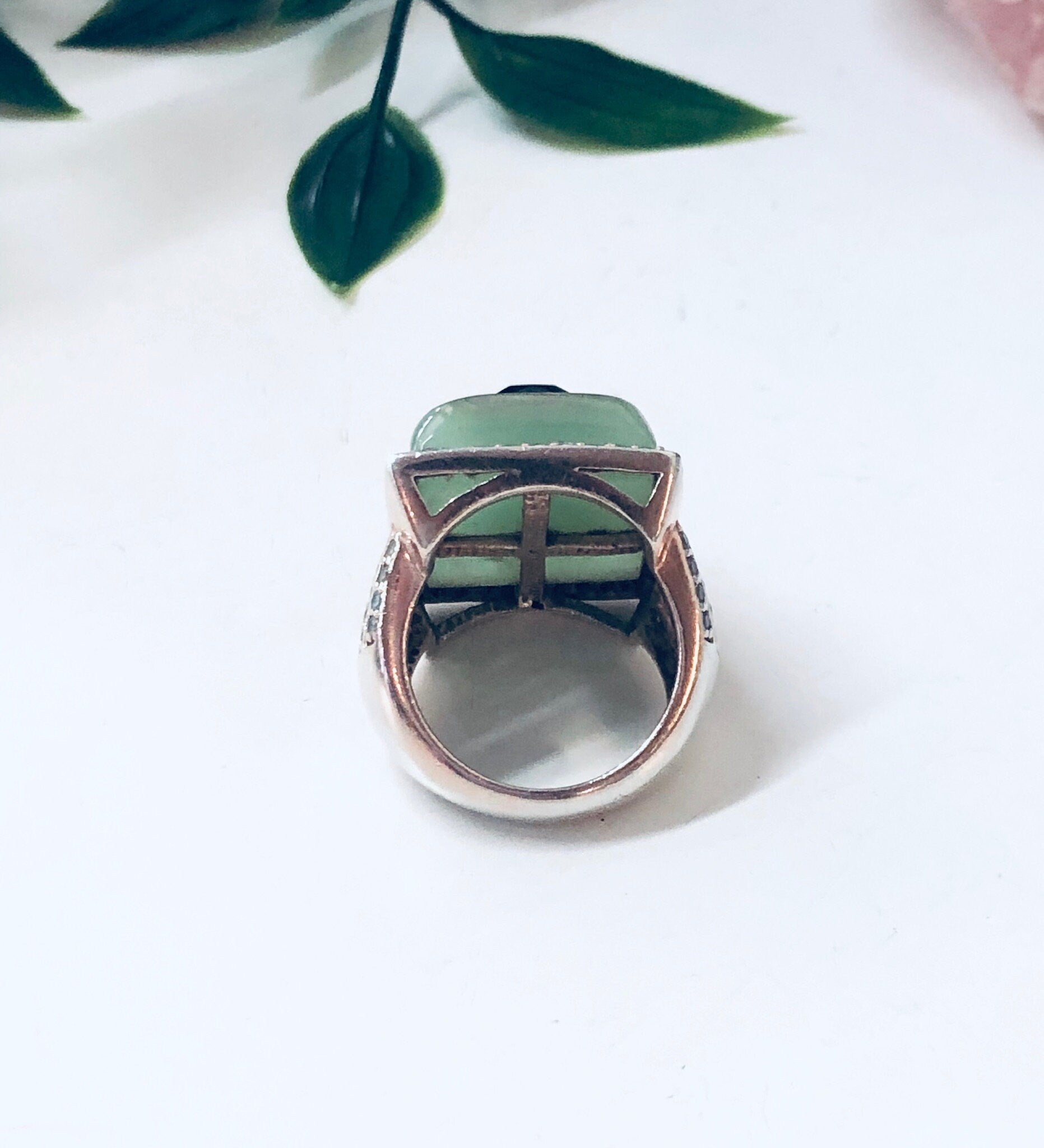 Vintage Silver Ring, Cocktail Ring, Statement Jewelry, Vintage Jewelry, Green, Black, Faux Diamonds, Light Green, Large Ring, Rectangle Ring