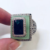 Vintage Silver Ring, Cocktail Ring, Statement Jewelry, Vintage Jewelry, Green, Black, Faux Diamonds, Light Green, Large Ring, Rectangle Ring