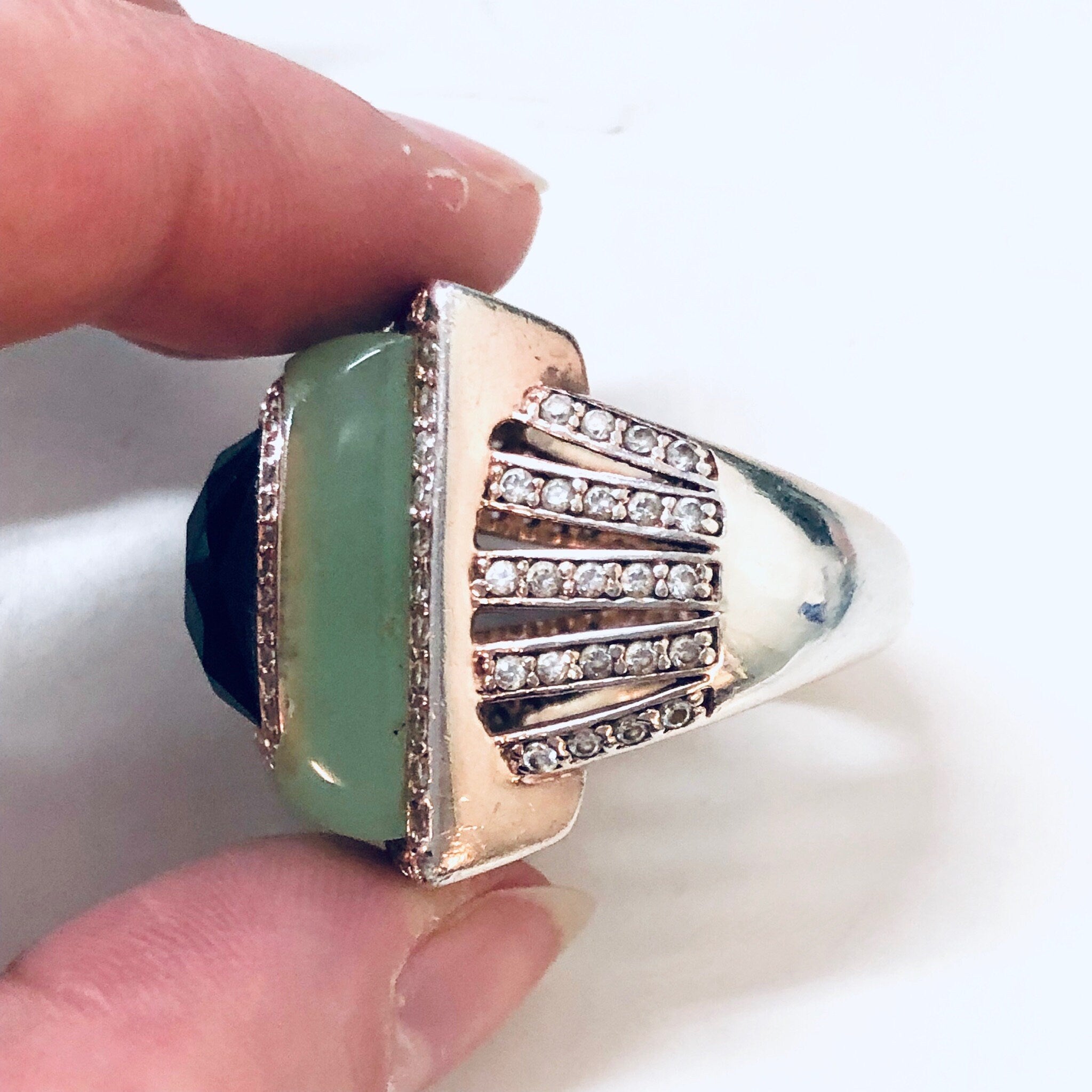Vintage Silver Ring, Cocktail Ring, Statement Jewelry, Vintage Jewelry, Green, Black, Faux Diamonds, Light Green, Large Ring, Rectangle Ring