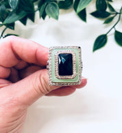 Vintage Silver Ring, Cocktail Ring, Statement Jewelry, Vintage Jewelry, Green, Black, Faux Diamonds, Light Green, Large Ring, Rectangle Ring