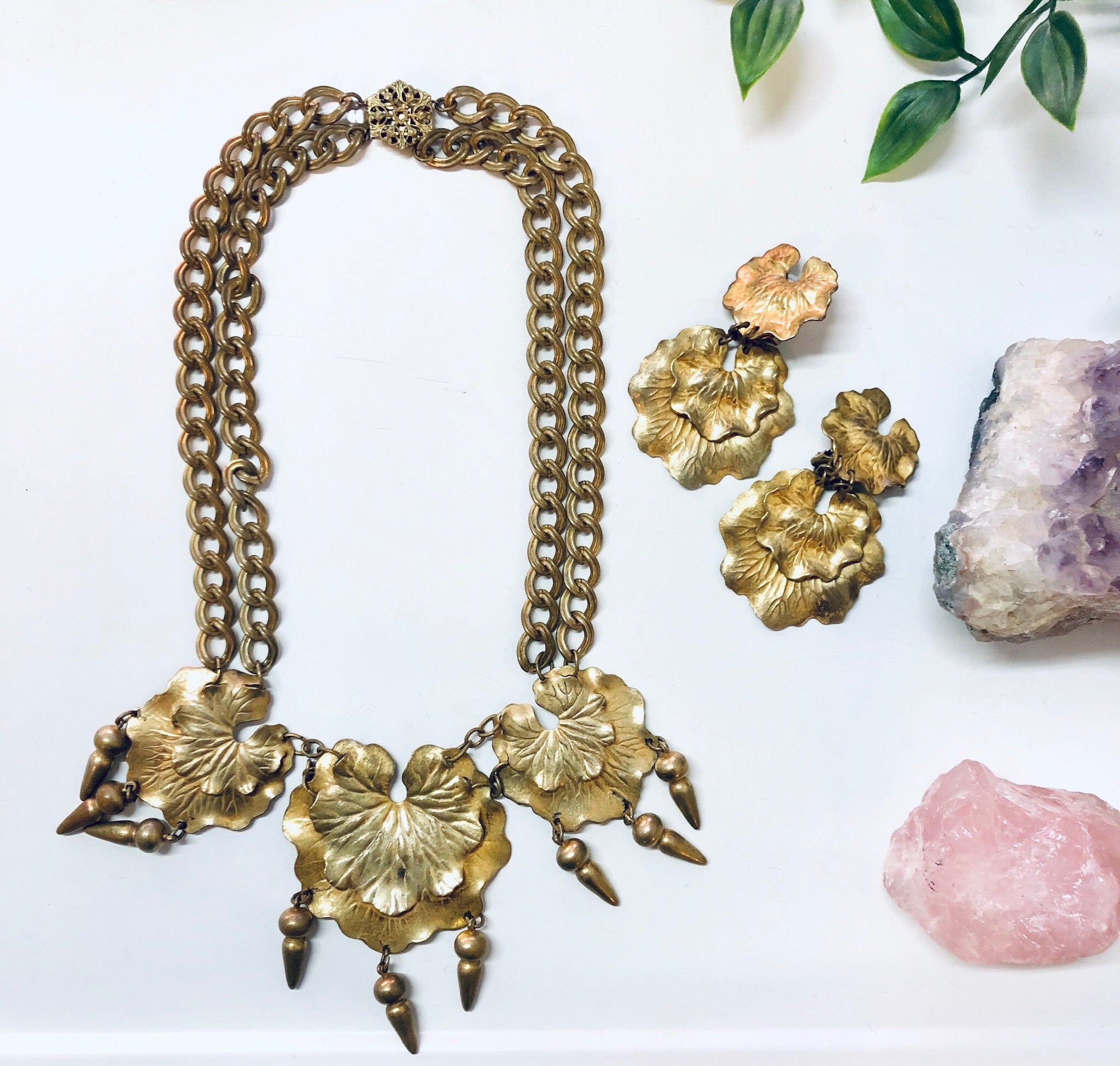 Miriam Haskell Jewelry Set, Vintage Jewelry Set, Multi Strand Necklace, Clip On earrings, Miriam Haskell, Floral Jewelry, Leaf Jewelry,