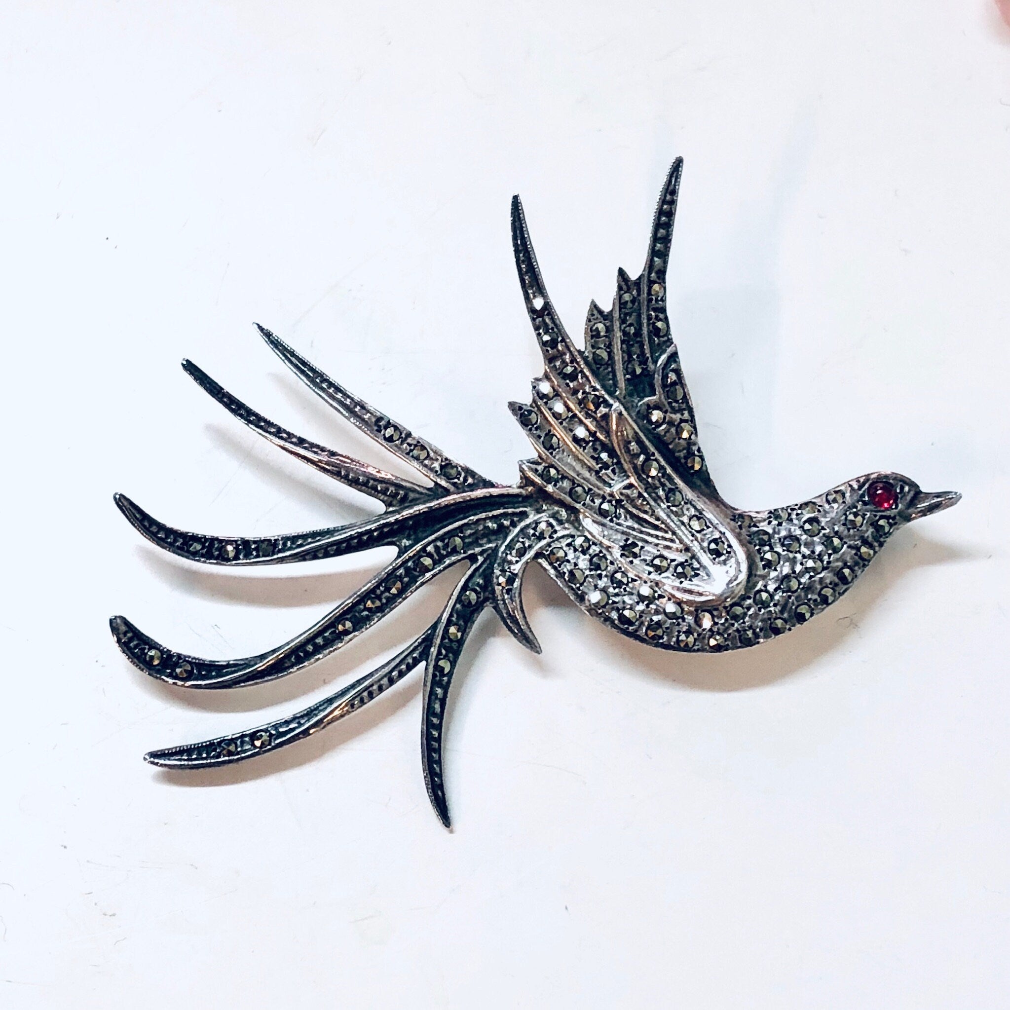 Vintage Silver Brooch, Bird Brooch, Vintage Jewelry, Sterling Silver, 925, Marcasite Brooch, Vintage Pin, Marcasite Jewelry, Red Eye, Bird