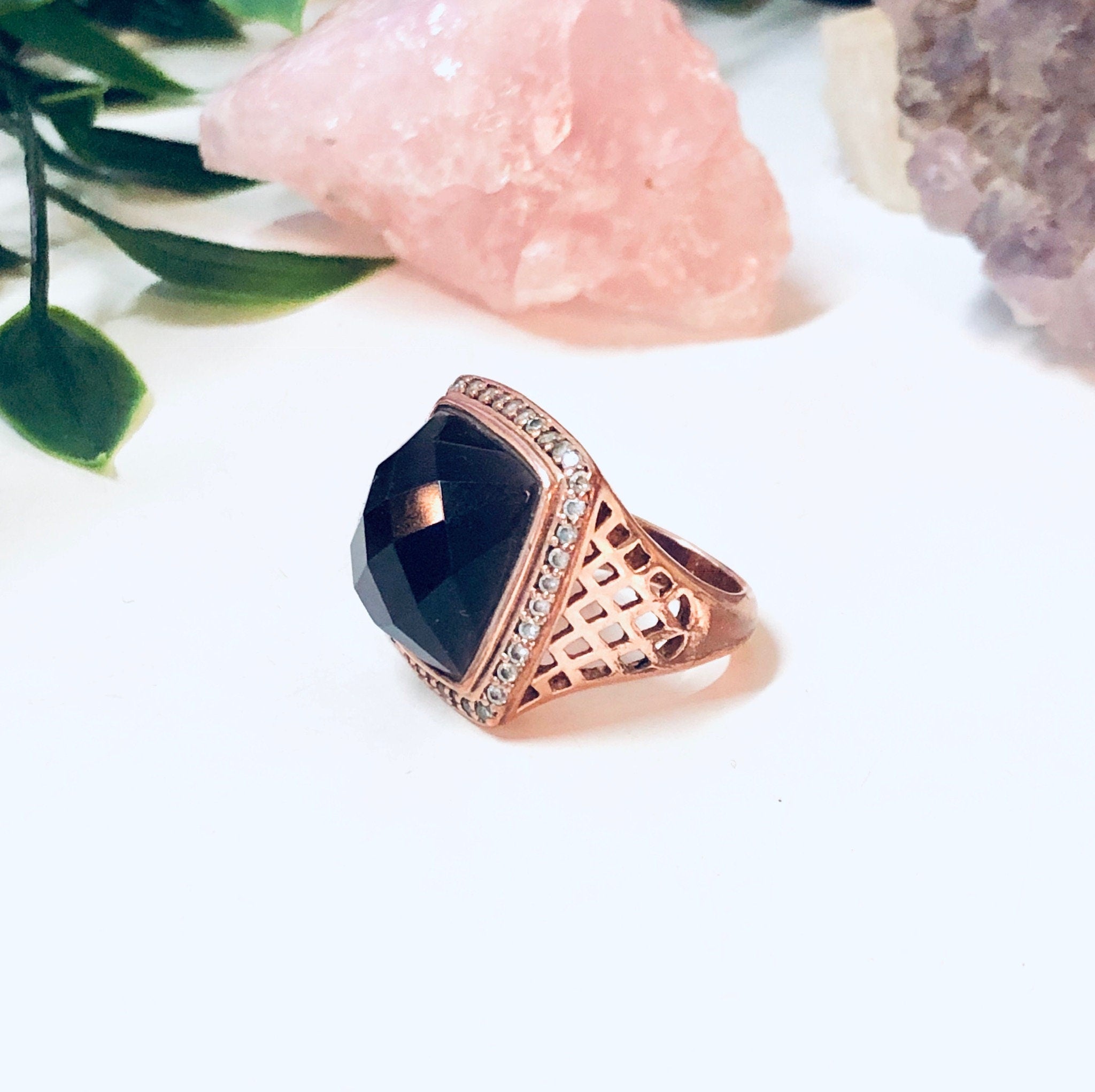 Vintage Cocktail Ring, Costume Jewelry, Rose Gold, Purple Gemstone, Faux Diamond, Large Ring, Statement Jewelry, Square Ring, Purple Pink