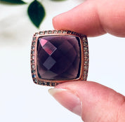 Vintage Cocktail Ring, Costume Jewelry, Rose Gold, Purple Gemstone, Faux Diamond, Large Ring, Statement Jewelry, Square Ring, Purple Pink