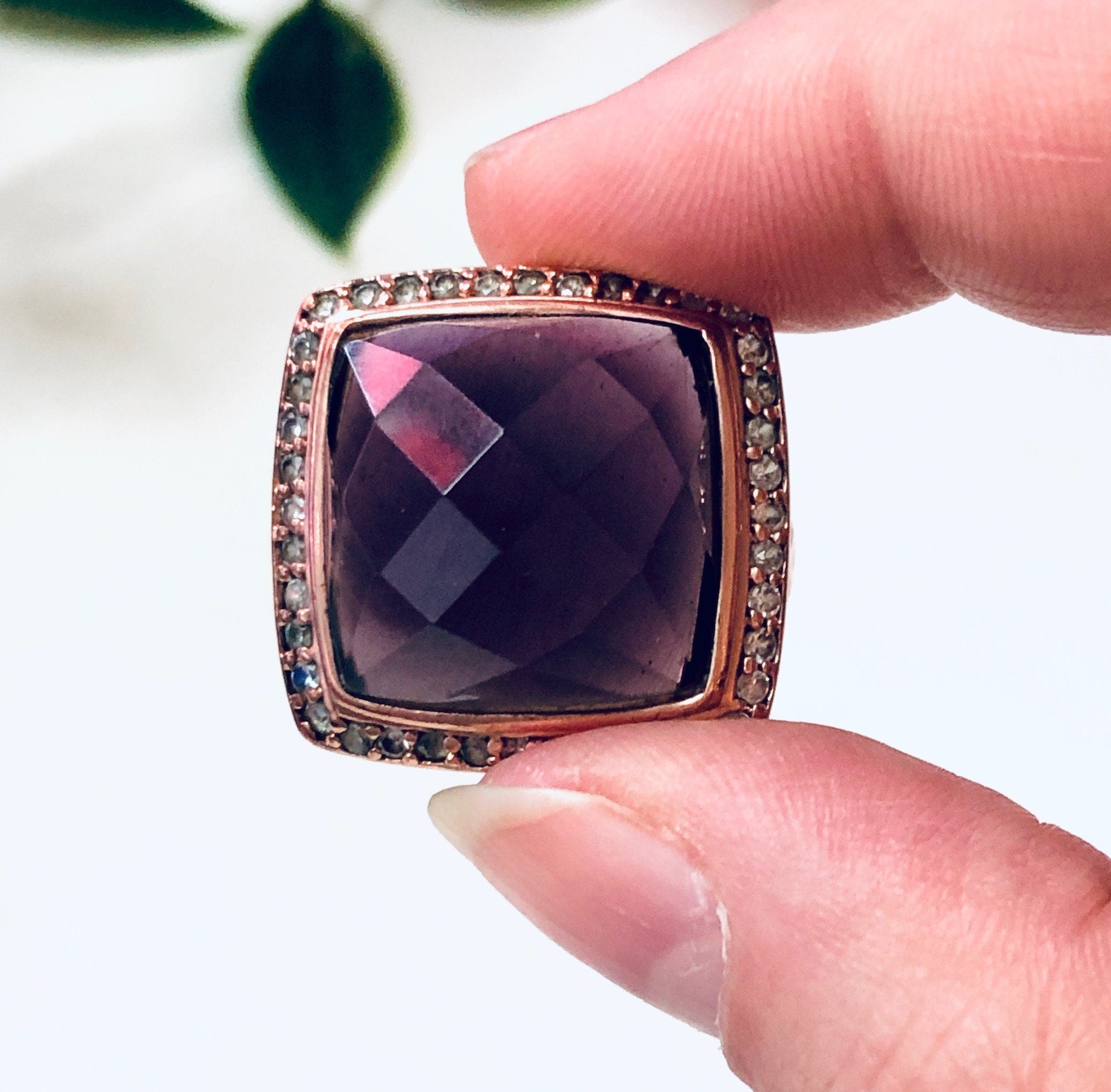 Vintage Cocktail Ring, Costume Jewelry, Rose Gold, Purple Gemstone, Faux Diamond, Large Ring, Statement Jewelry, Square Ring, Purple Pink