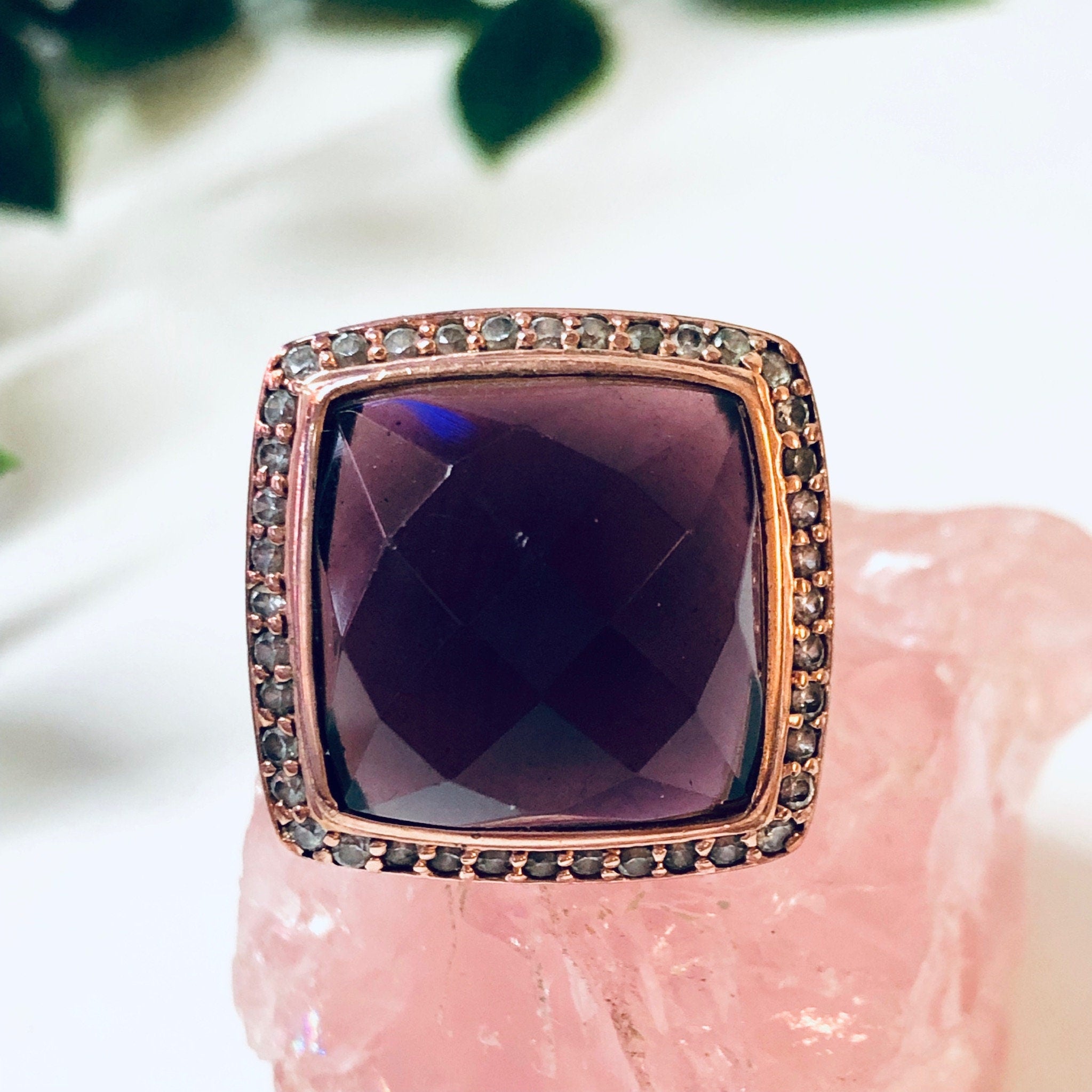 Vintage Cocktail Ring, Costume Jewelry, Rose Gold, Purple Gemstone, Faux Diamond, Large Ring, Statement Jewelry, Square Ring, Purple Pink
