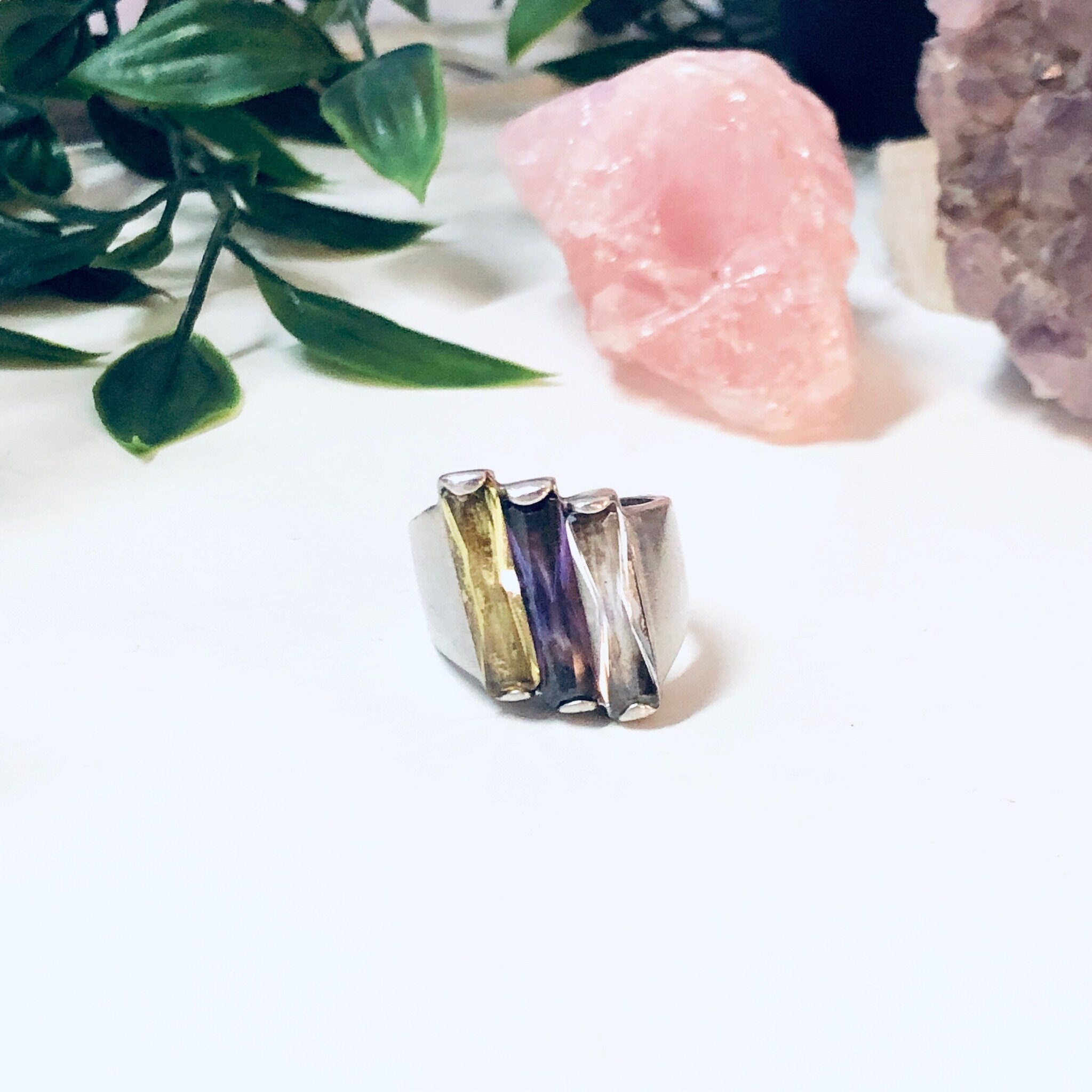 Vintage Silver Ring, Sterling Silver Ring, Vintage Jewelry, Purple Gemstone, Yellow Gemstone, Statement Jewelry, Unique Jewelry, Sparkly