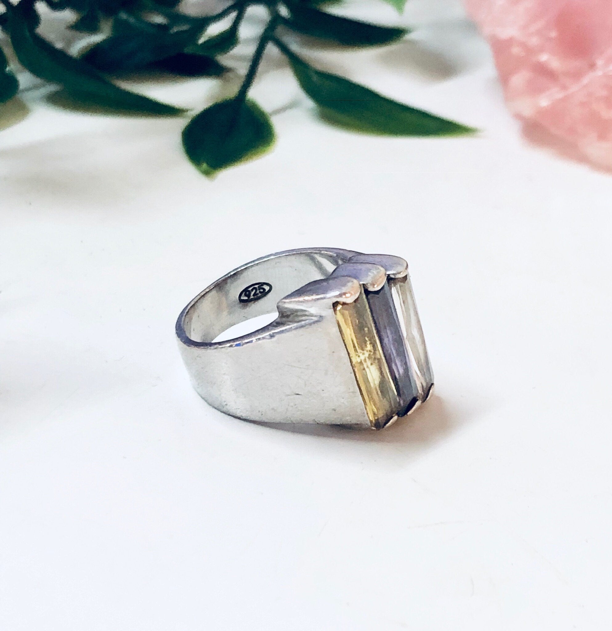 Vintage Silver Ring, Sterling Silver Ring, Vintage Jewelry, Purple Gemstone, Yellow Gemstone, Statement Jewelry, Unique Jewelry, Sparkly