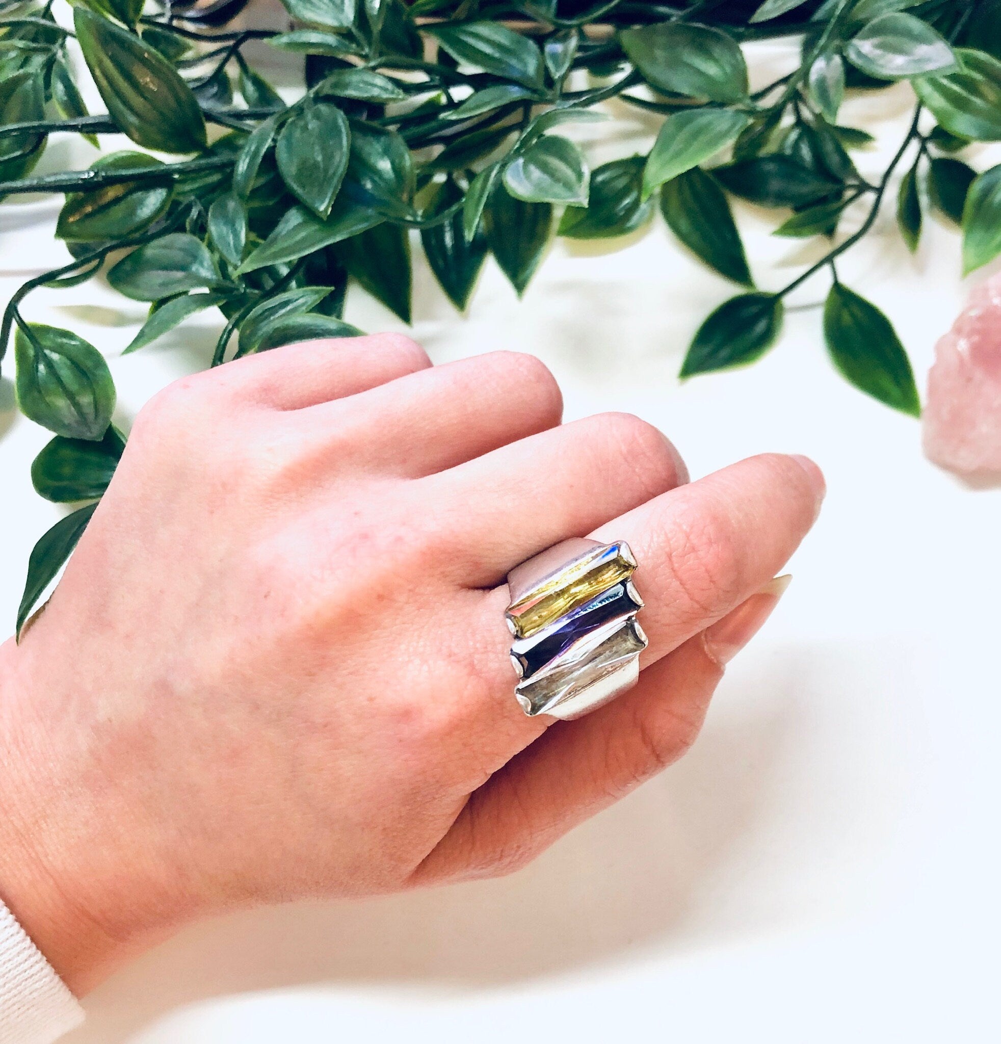 Vintage Silver Ring, Sterling Silver Ring, Vintage Jewelry, Purple Gemstone, Yellow Gemstone, Statement Jewelry, Unique Jewelry, Sparkly