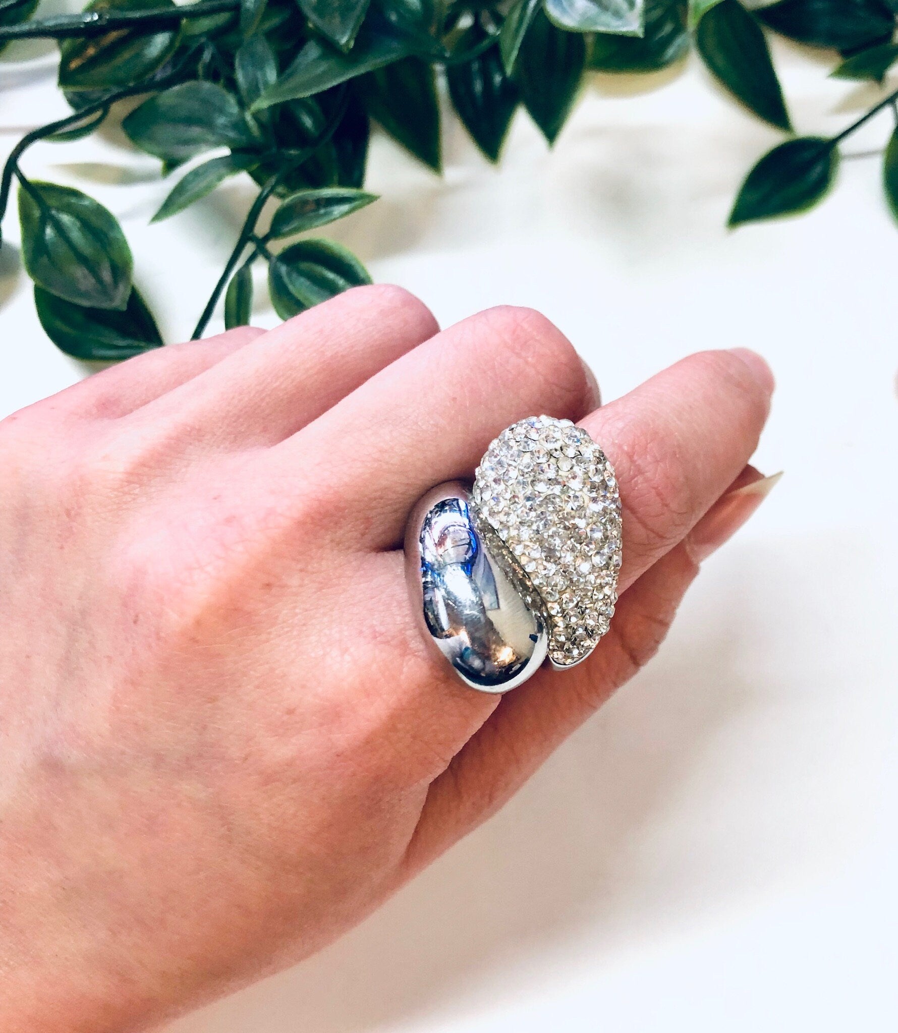 Vintage Statement Ring, Large Ring, Flashy Jewelry, Sparkly Ring, Swirl Ring, Fake Diamonds, Faux Diamonds, Cocktail Ring, Holiday Gift Idea