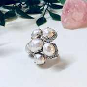 Vintage Cocktail Ring, Large Ring, Statement Jewelry, Faux Pearl Ring, Costume Jewelry, Vintage Jewelry, White and Silver, Silver Toned Ring