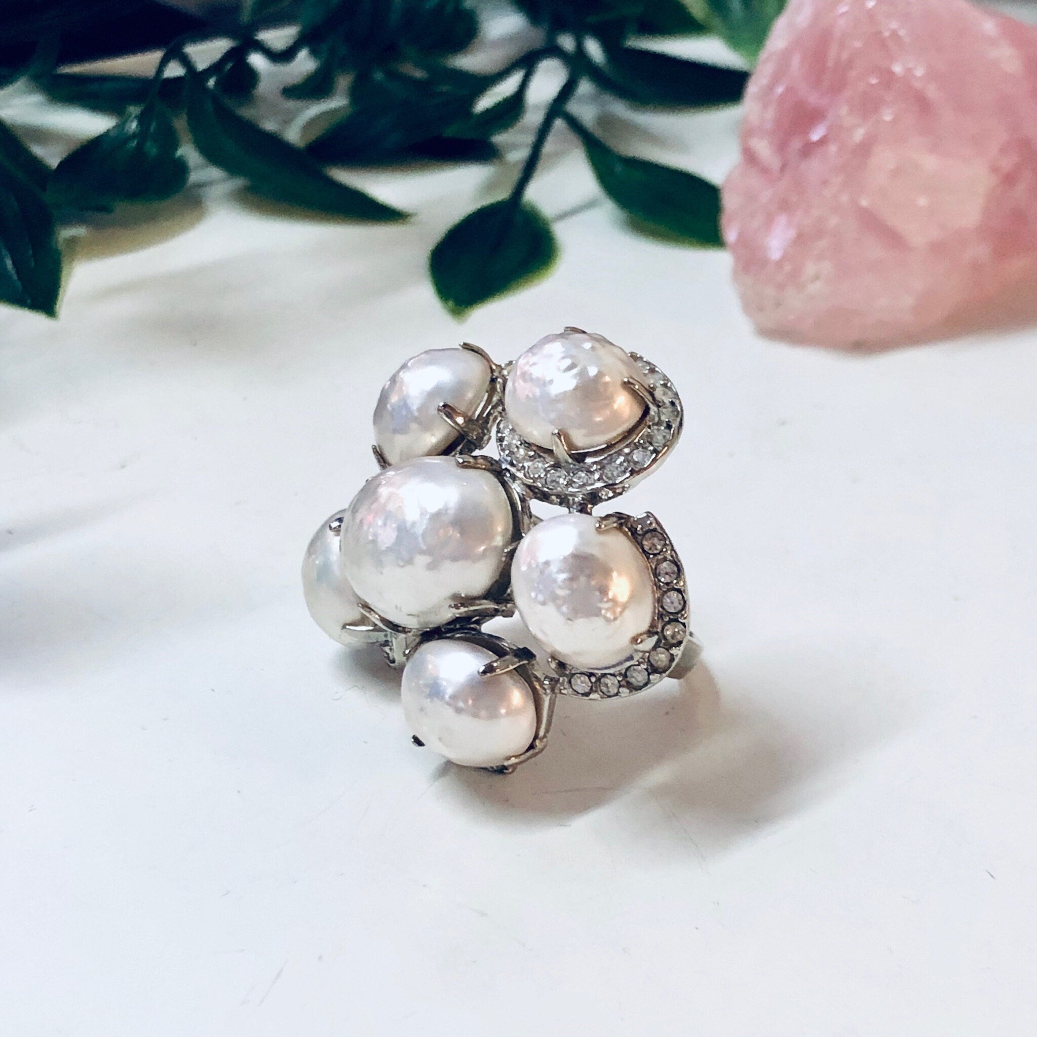 Vintage Cocktail Ring, Large Ring, Statement Jewelry, Faux Pearl Ring, Costume Jewelry, Vintage Jewelry, White and Silver, Silver Toned Ring