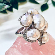 Vintage Cocktail Ring, Large Ring, Statement Jewelry, Faux Pearl Ring, Costume Jewelry, Vintage Jewelry, White and Silver, Silver Toned Ring