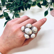 Vintage Cocktail Ring, Large Ring, Statement Jewelry, Faux Pearl Ring, Costume Jewelry, Vintage Jewelry, White and Silver, Silver Toned Ring