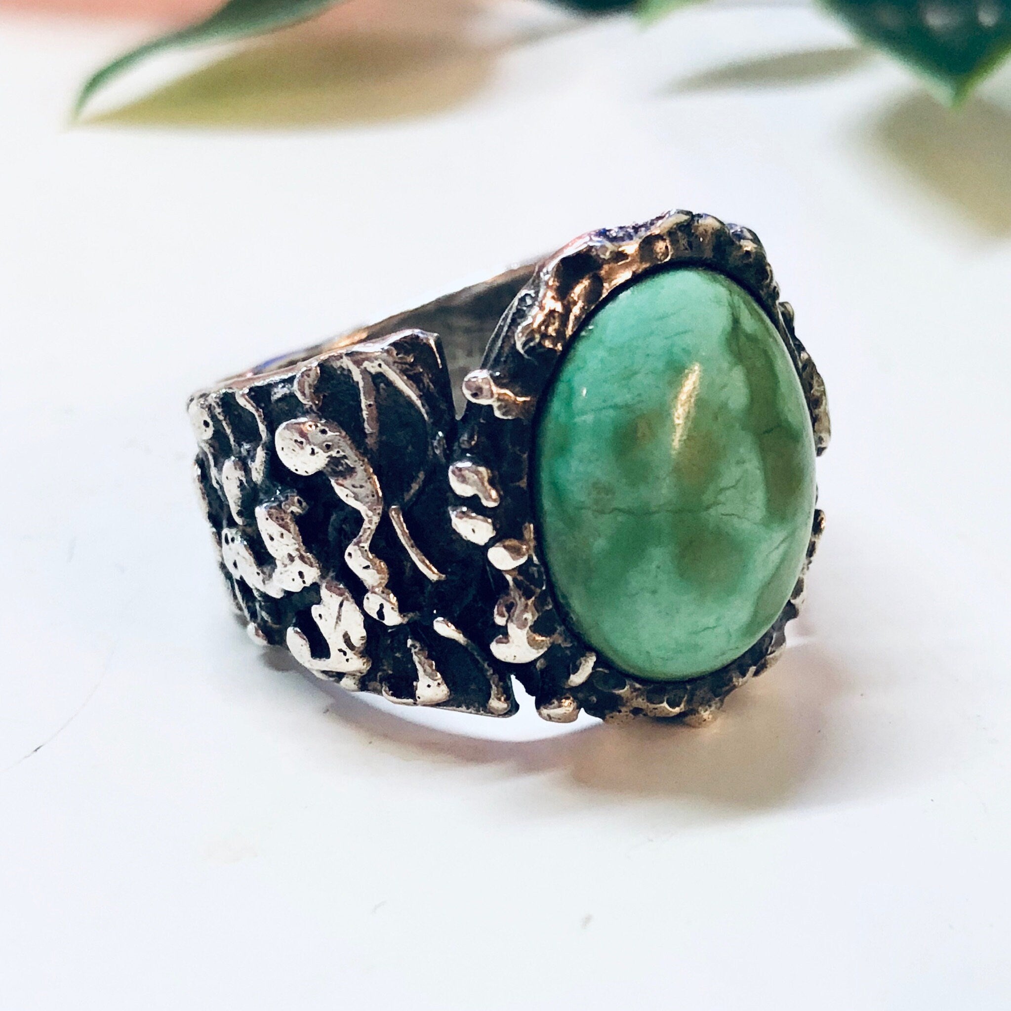 Vintage Silver Ring, Turquoise Ring, Sterling Silver, Vintage Jewelry, Blue, Green, Silver, Textured Silver, Statement Jewelry, Large Ring