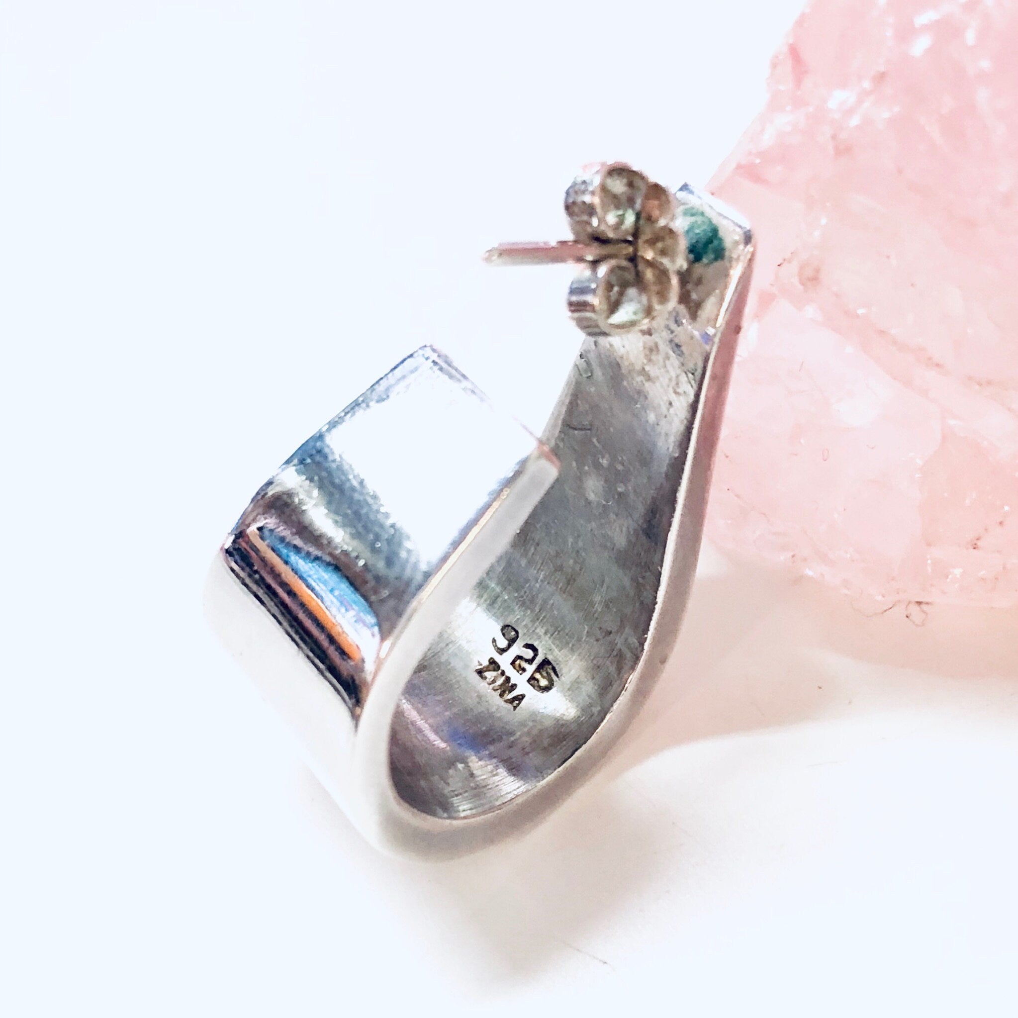 Vintage modernist sterling silver 925 earrings with thick abstract sculptural design, stamped "Zina" by the Zina jewelry brand.