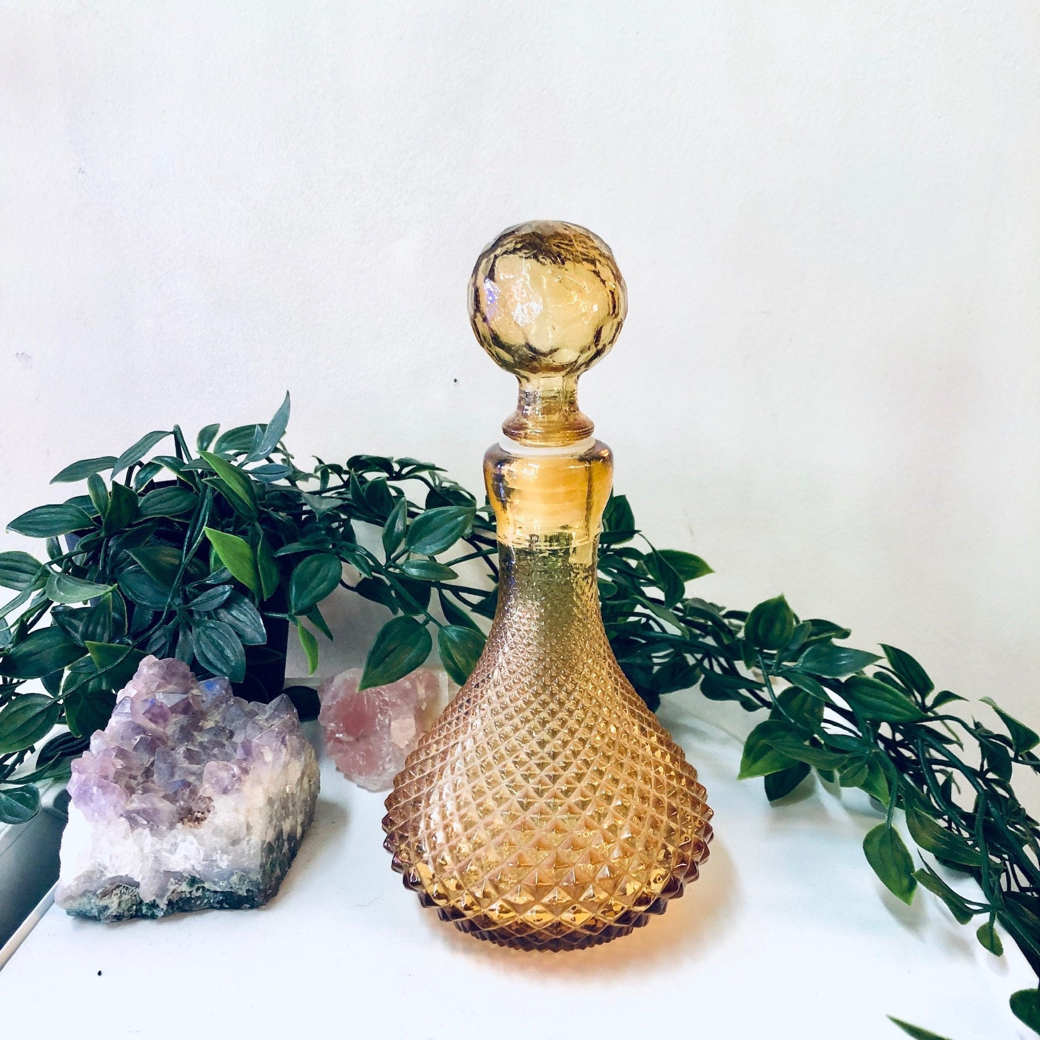 Vintage Yellow Glass, Small Yellow Decanter, Lidded Decanter, Perfume Bottle, Made in Italy, Bottle with Stopper, Rubber Stopper, Home Decor