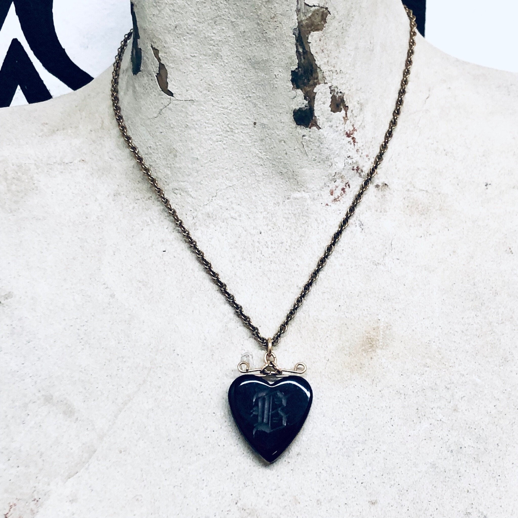 Vintage Necklace, Gold Chain, Heart Necklace, Monogrammed Pendant, Pendant Necklace, Vintage Jewelry, Gold Filled Chain, B, Monogram B, Red