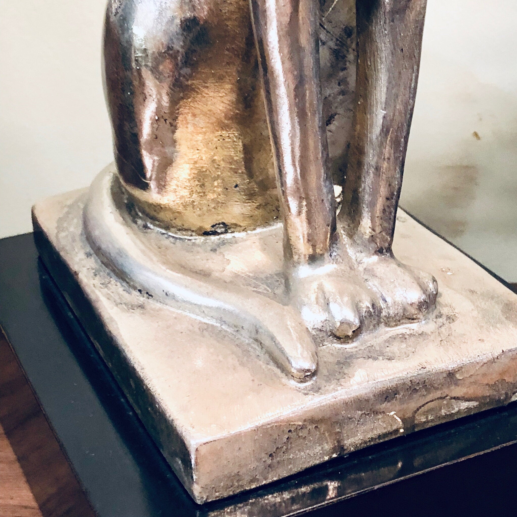 Vintage silver cat sculpture on black base, mantle piece home decor