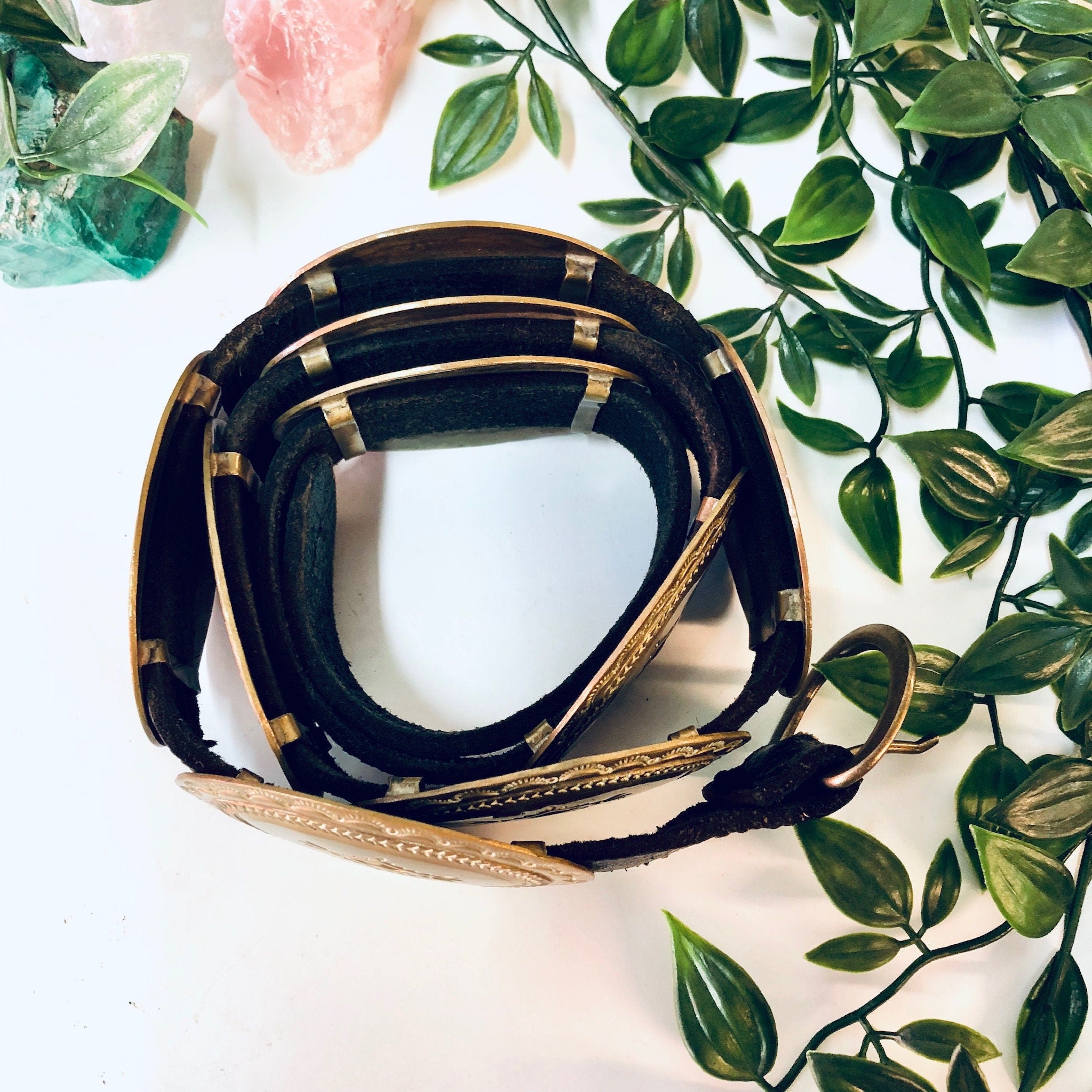 Vintage Belt, Skinny Concho Belt, Brass Concho Belt, High Waisted Belt, Southwestern, Hippie, Bohemian Style, Brown Leather, Leather Belt,