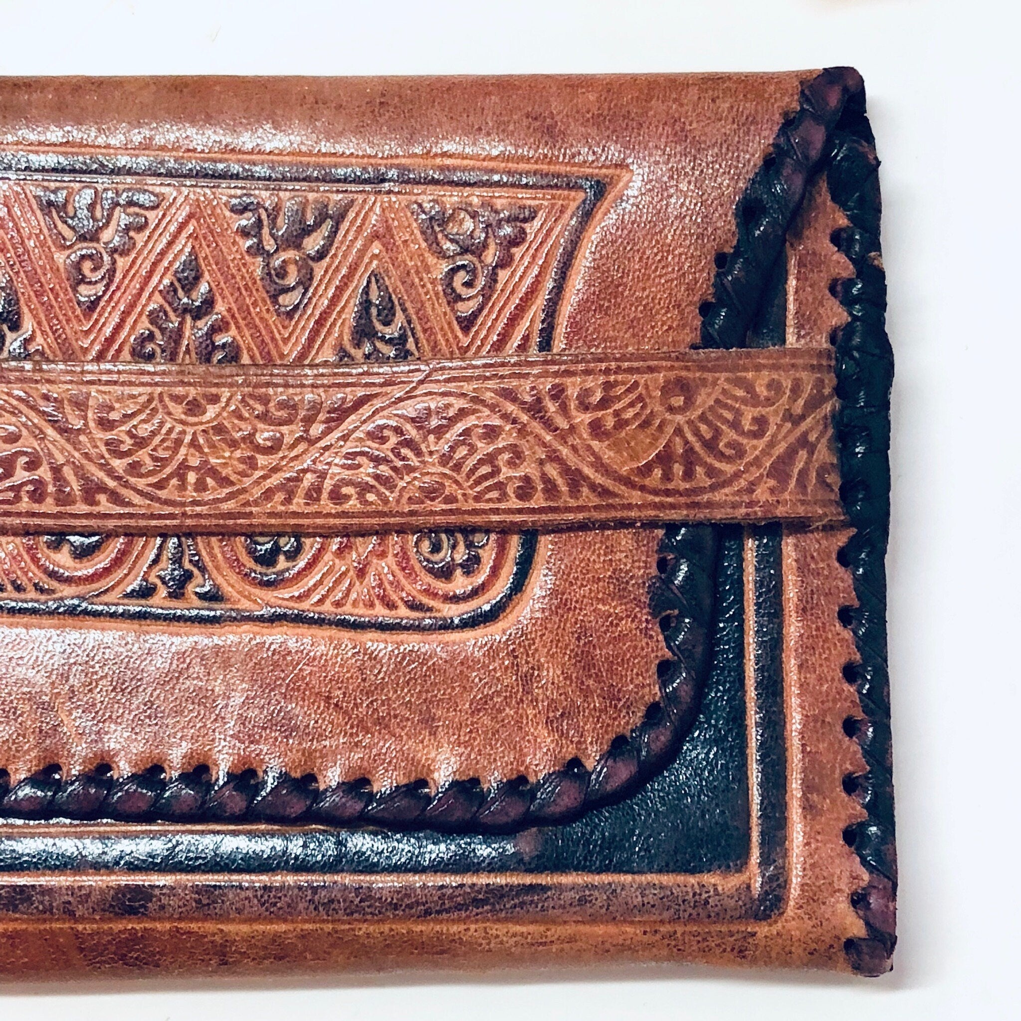 Vintage Wallet, Leather Wallet, Fold Over Wallet, Soft Leather, Brown, Black, Tooled Leather, Tri Fold Wallet, Unique Design, Light Brown