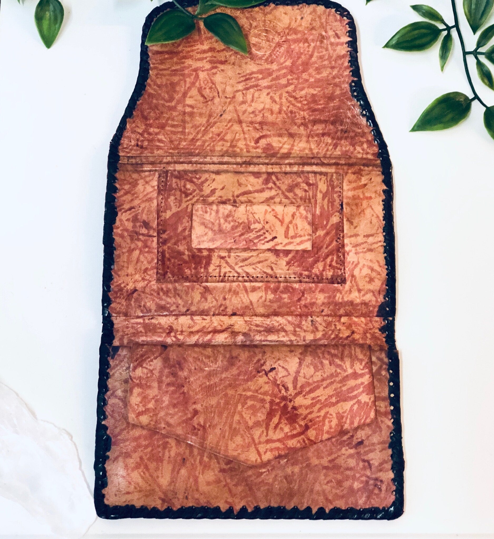 Vintage Wallet, Leather Wallet, Fold Over Wallet, Soft Leather, Brown, Black, Tooled Leather, Tri Fold Wallet, Unique Design, Light Brown