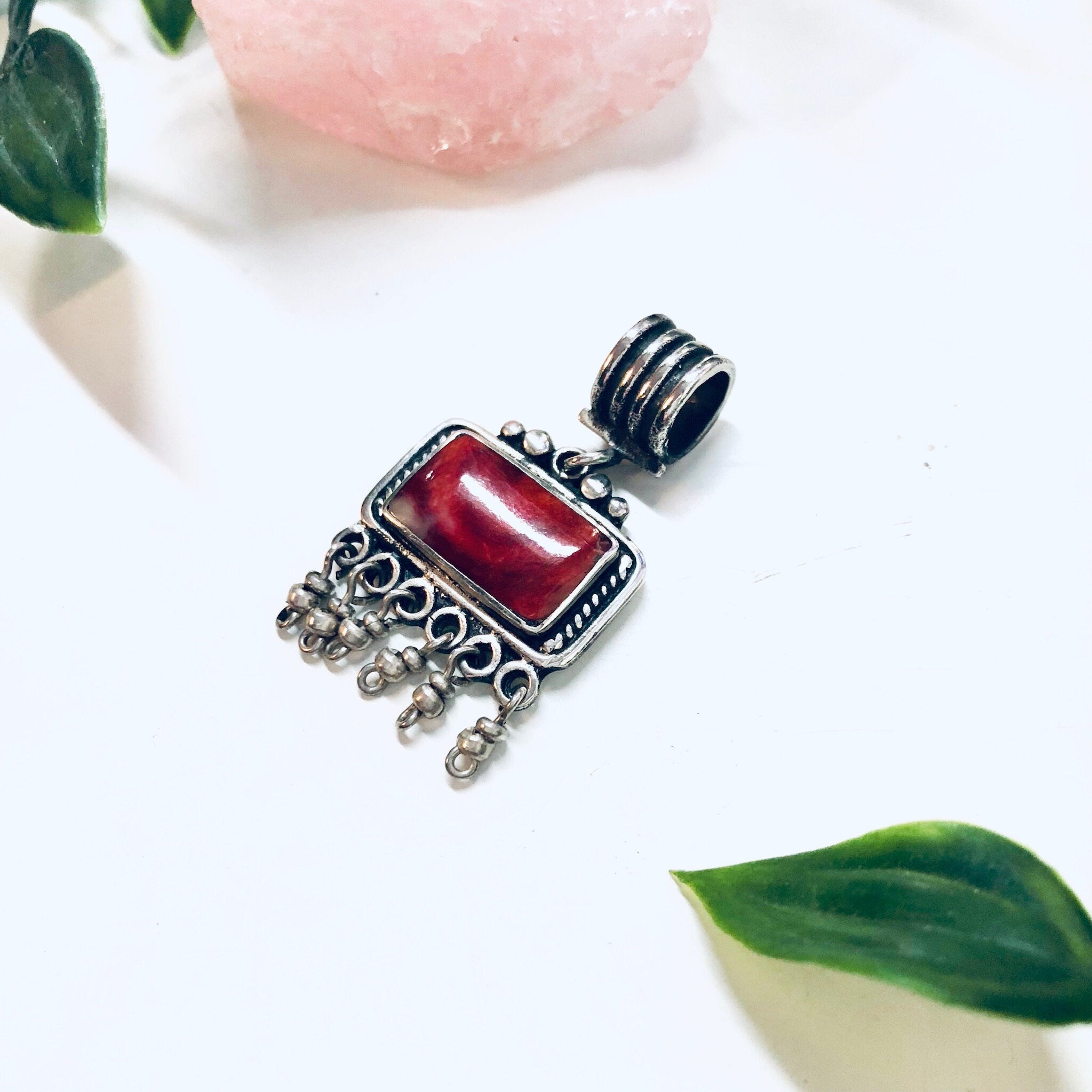 Vintage Silver Pendant, Vintage Necklace, Red Natural Stone, Red Marble Stone, Dangle Pendant, Red Jewelry