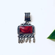 Vintage Silver Pendant, Vintage Necklace, Red Natural Stone, Red Marble Stone, Dangle Pendant, Red Jewelry