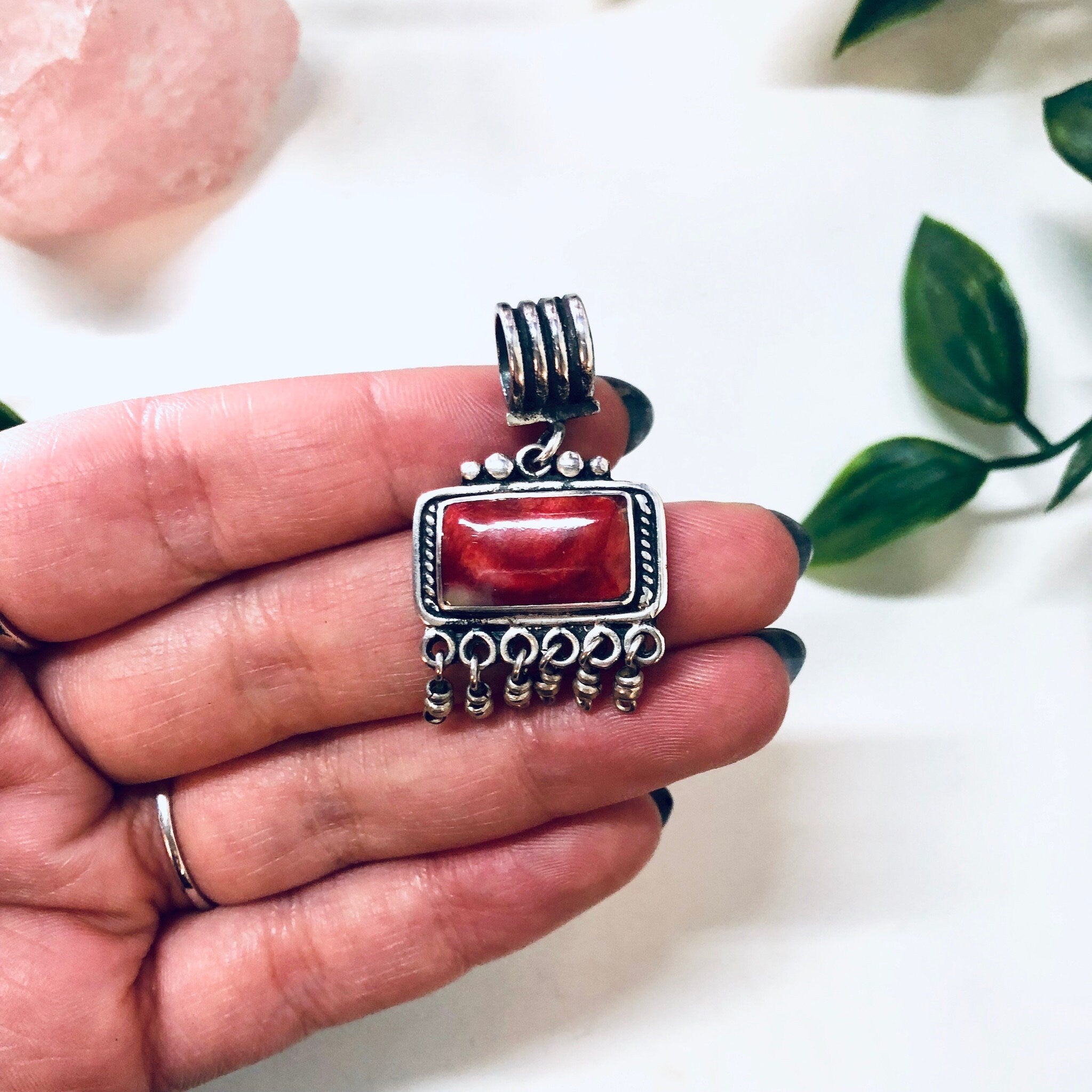 Vintage Silver Pendant, Vintage Necklace, Red Natural Stone, Red Marble Stone, Dangle Pendant, Red Jewelry