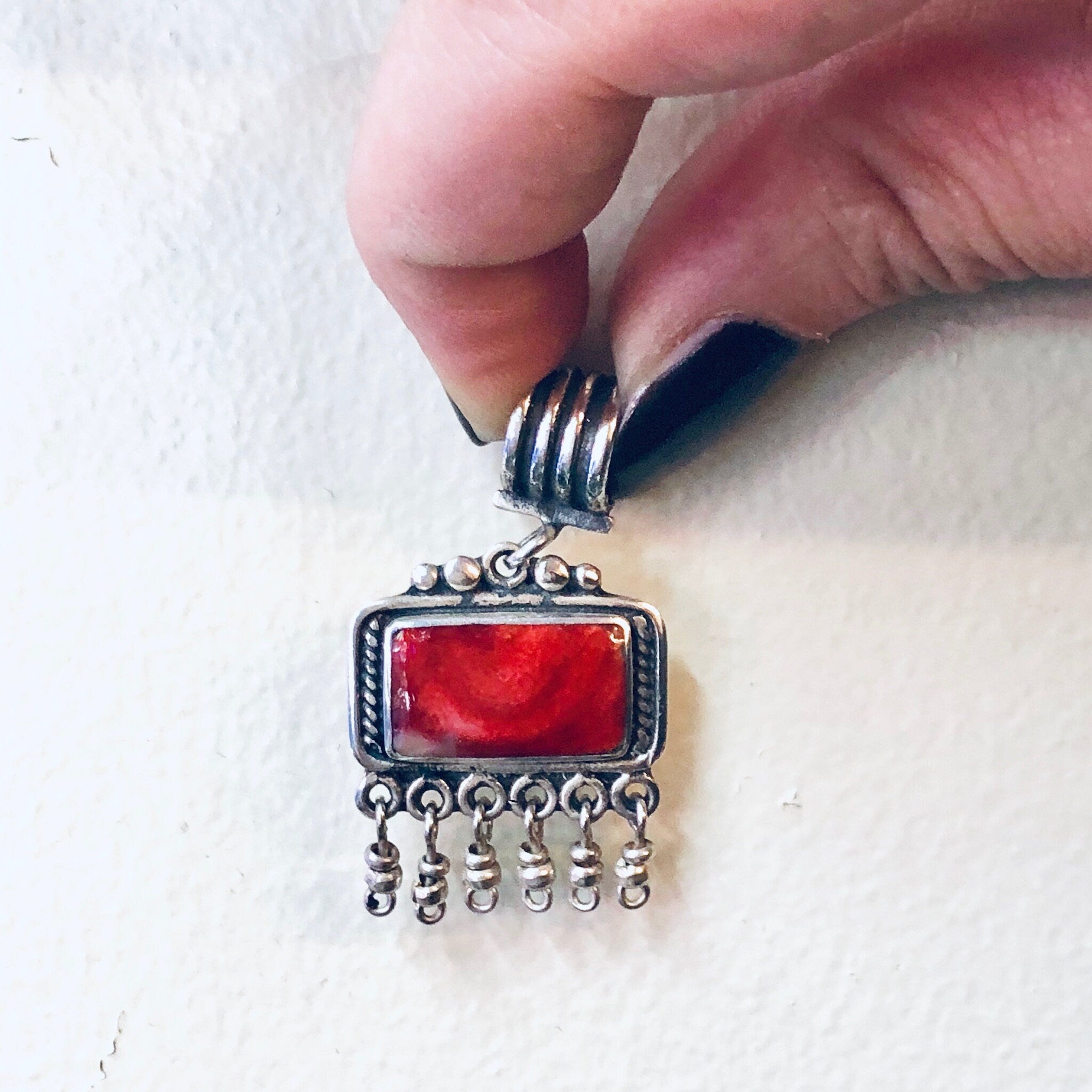 Vintage Silver Pendant, Vintage Necklace, Red Natural Stone, Red Marble Stone, Dangle Pendant, Red Jewelry