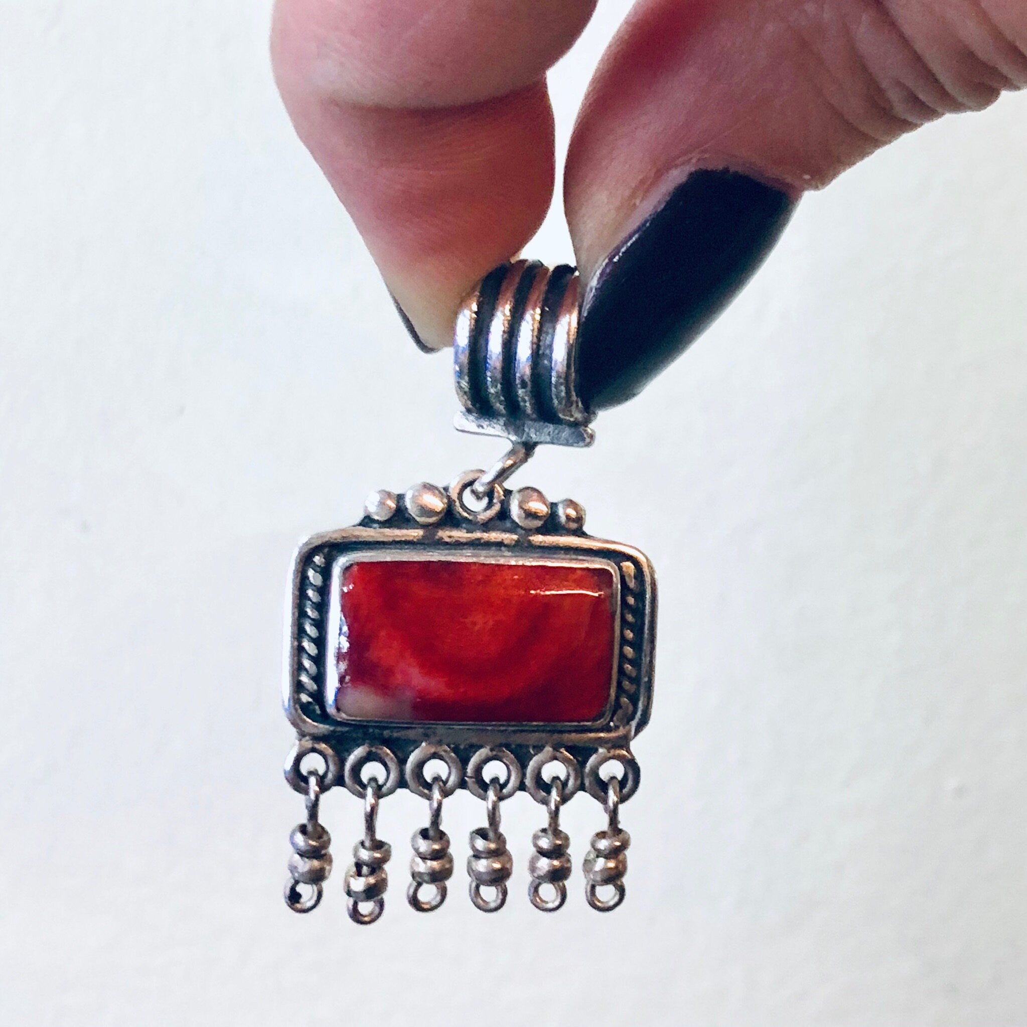 Vintage Silver Pendant, Vintage Necklace, Red Natural Stone, Red Marble Stone, Dangle Pendant, Red Jewelry