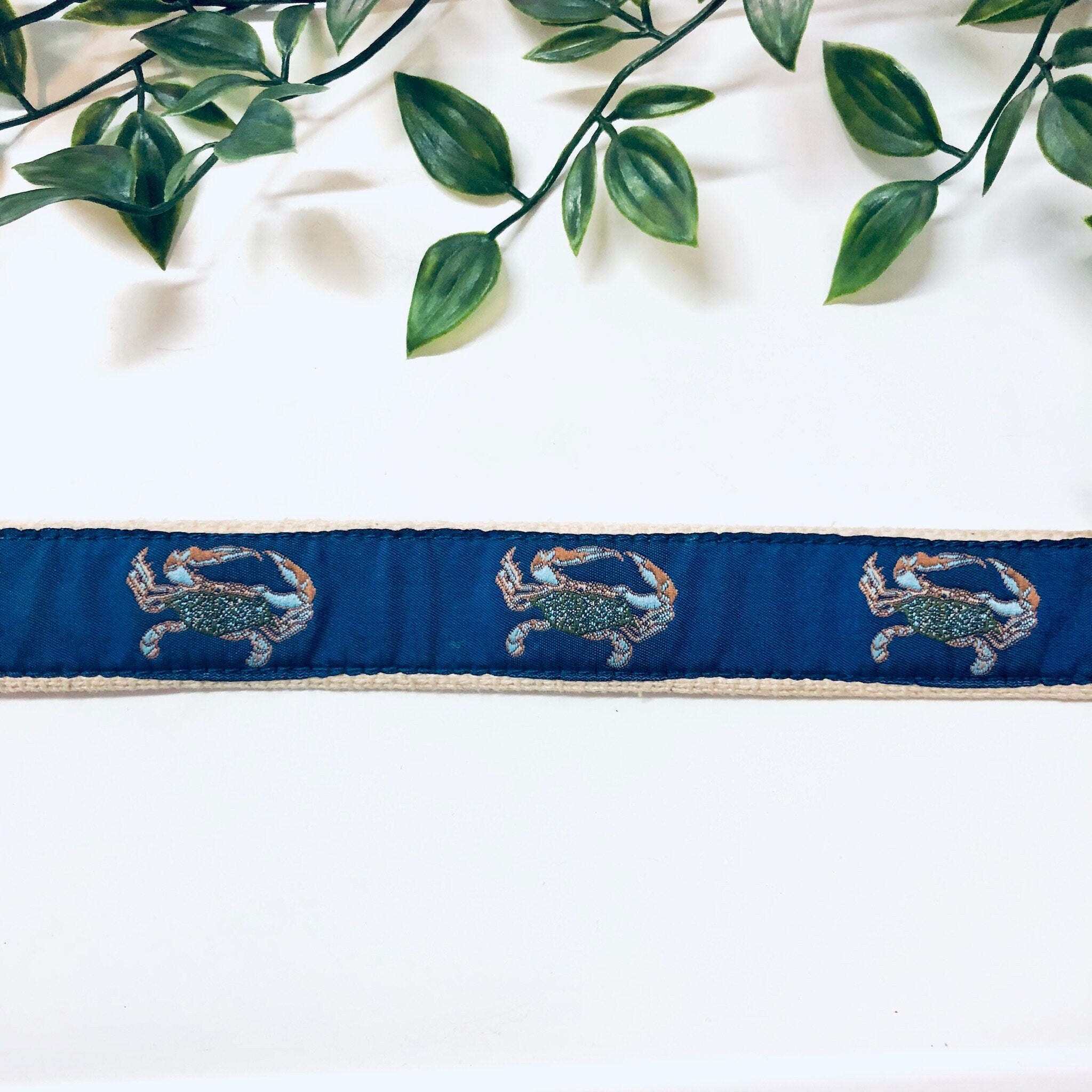 Vintage Woven Belt, Crab Belt, Blue Crabs, Boating Belt, Leather Belt, Brass Belt Buckle, Preppy Dad Belt, Blue, Brown, Brass, Fisherman
