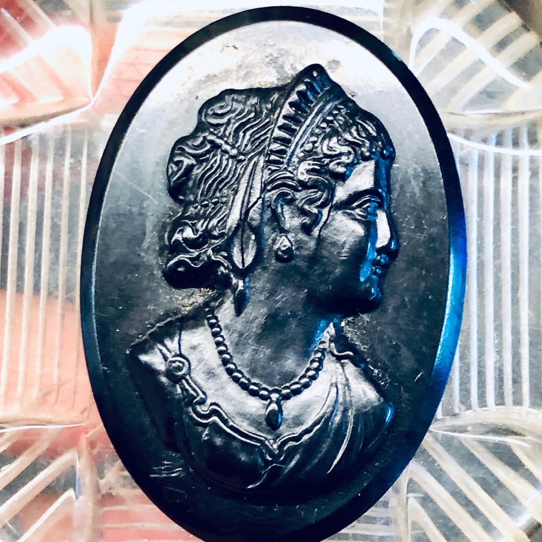 Vintage Cameo, Cameo Brooch, Vintage Jewelry, Black Cameo, Black and Clear, Victorian Style, Unique Jewelry, Large Cameo, Ornate Jewelry