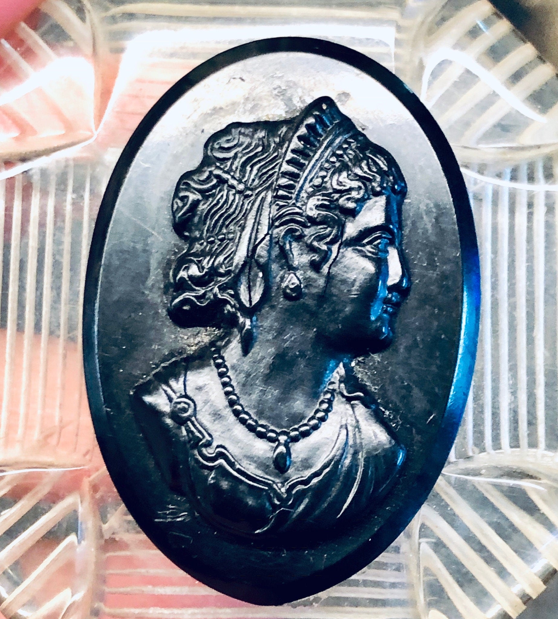 Vintage Cameo, Cameo Brooch, Vintage Jewelry, Black Cameo, Black and Clear, Victorian Style, Unique Jewelry, Large Cameo, Ornate Jewelry